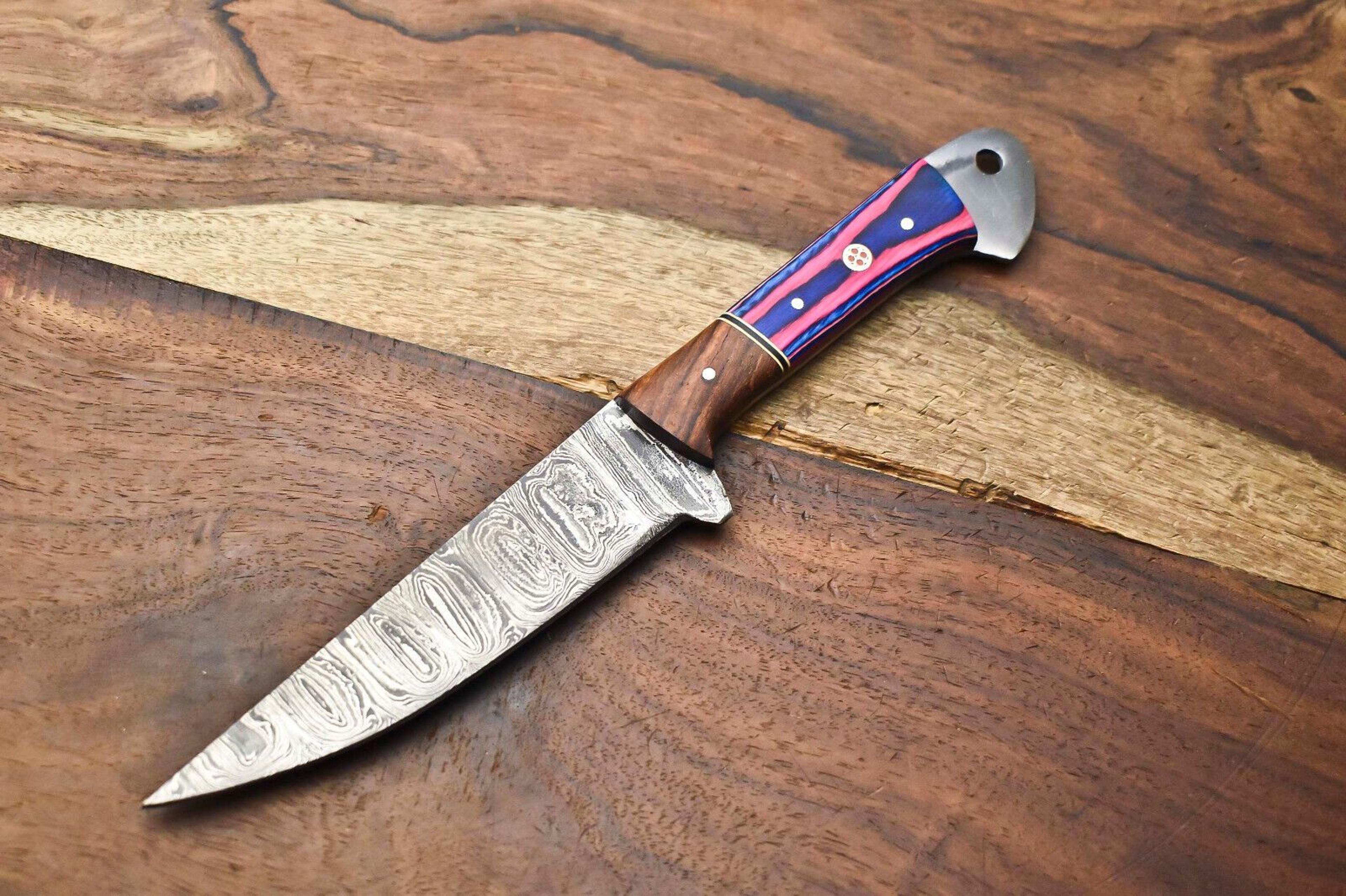 handmade chef knife | forged damascus steel fillet knife with steel bolster