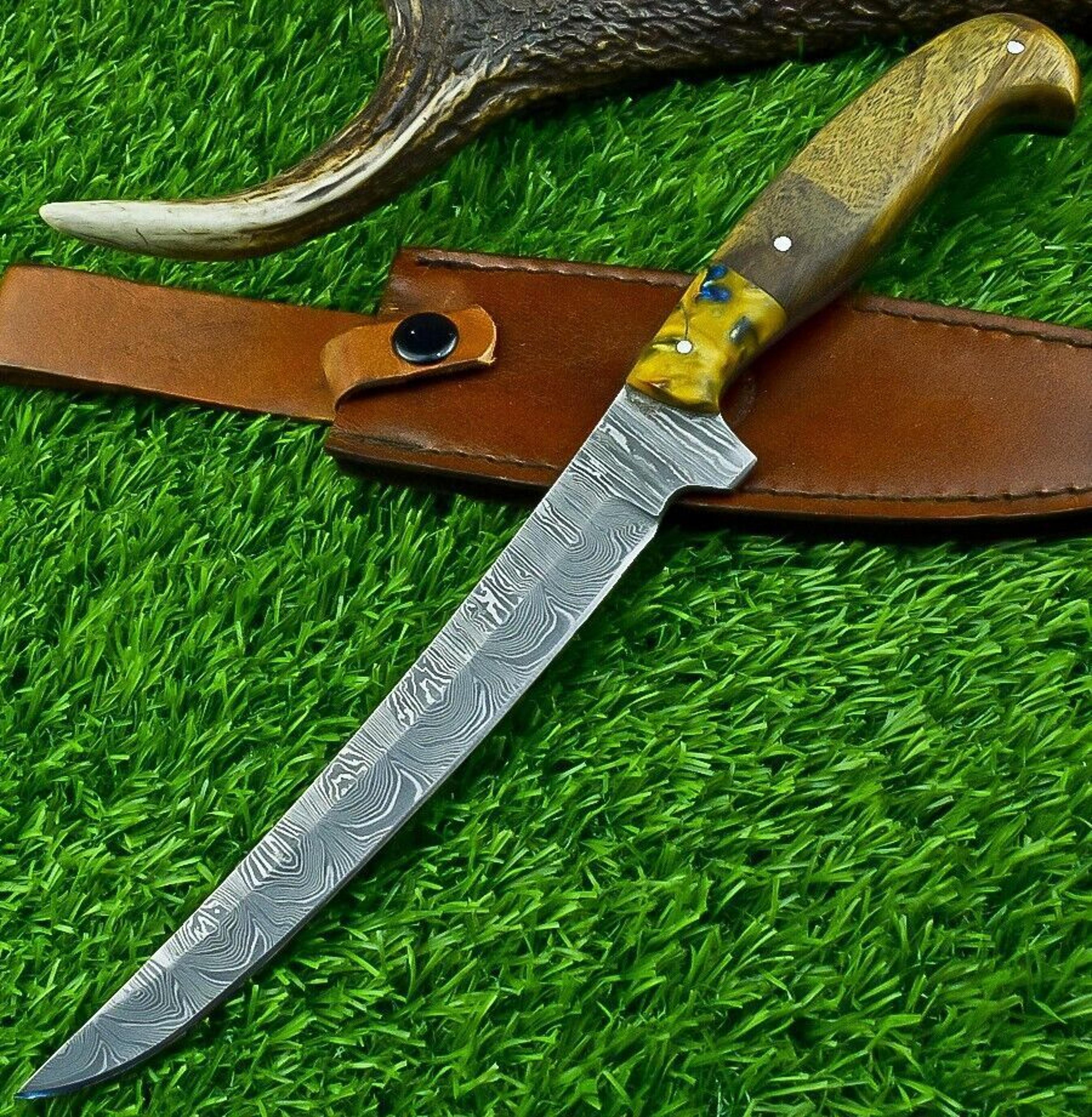 artisan forged damascus steel knife | handmade fillet blade with steel bolster