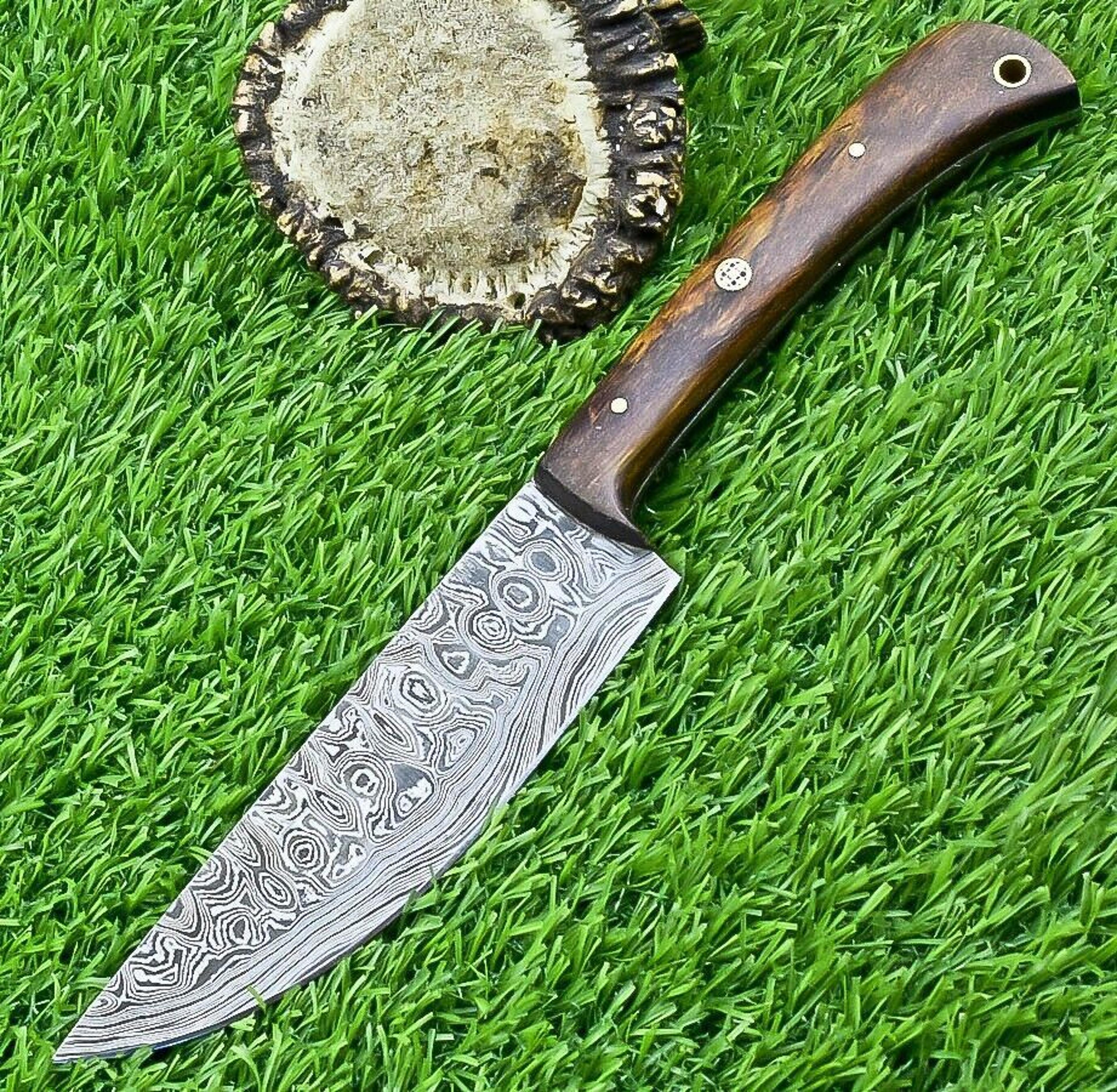 custom hand forged damascus chef knife | twist pattern, hardwood grip, full tang