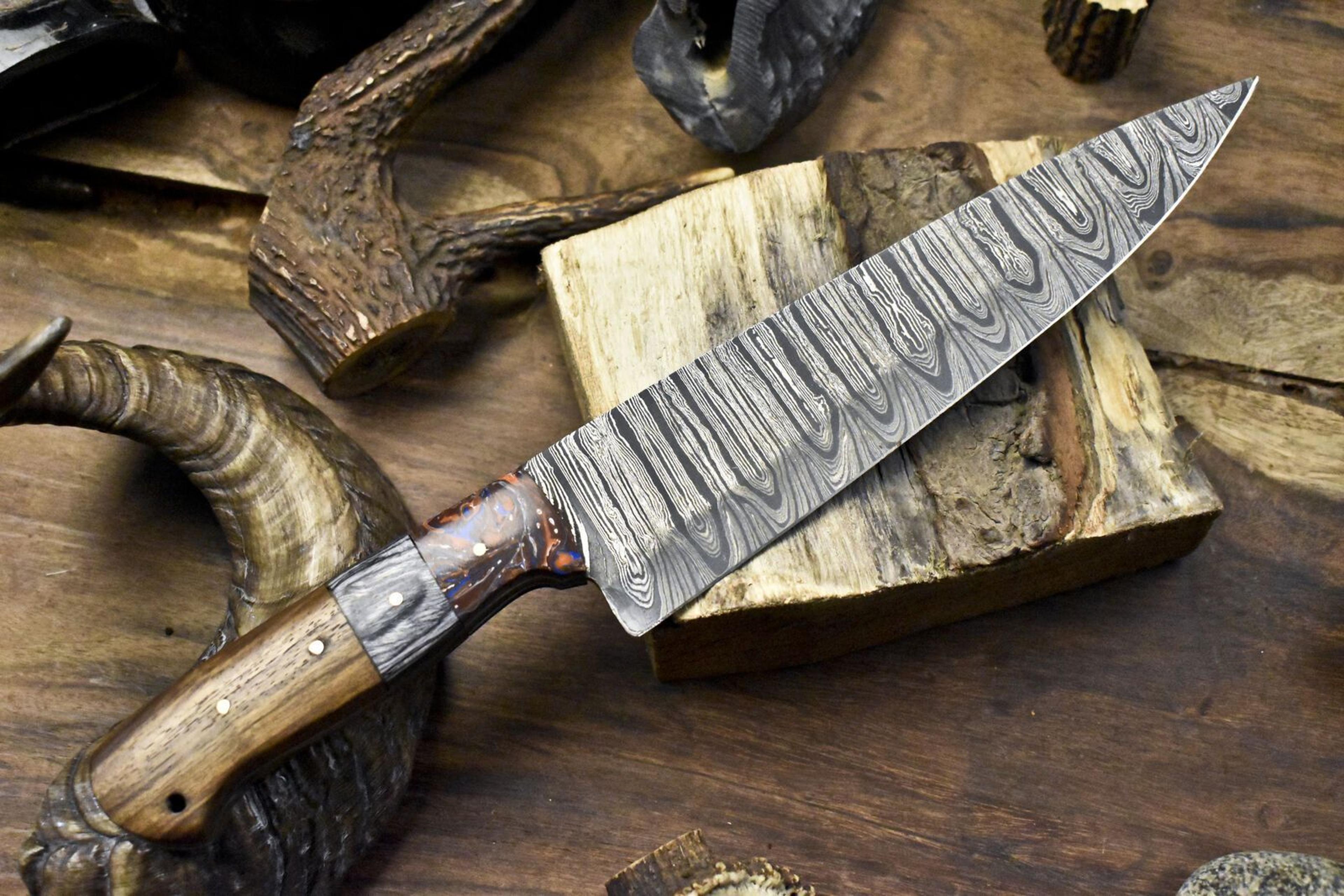 professional 11.5 inch handmade damascus chef knife | wood handle, 4mm thick blade