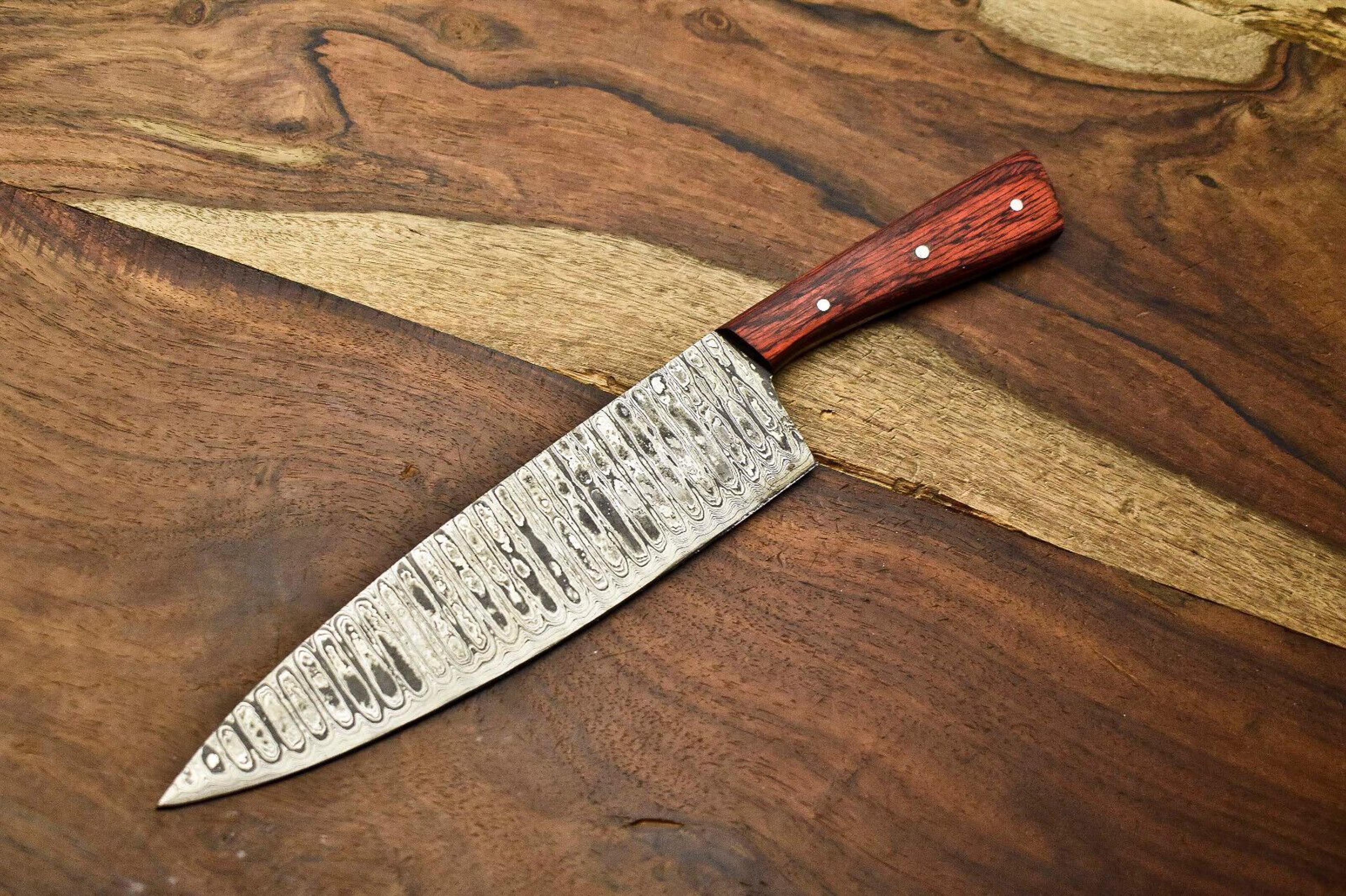 artisan damascus steel chef knife | custom 12" kitchen knife with wooden handle