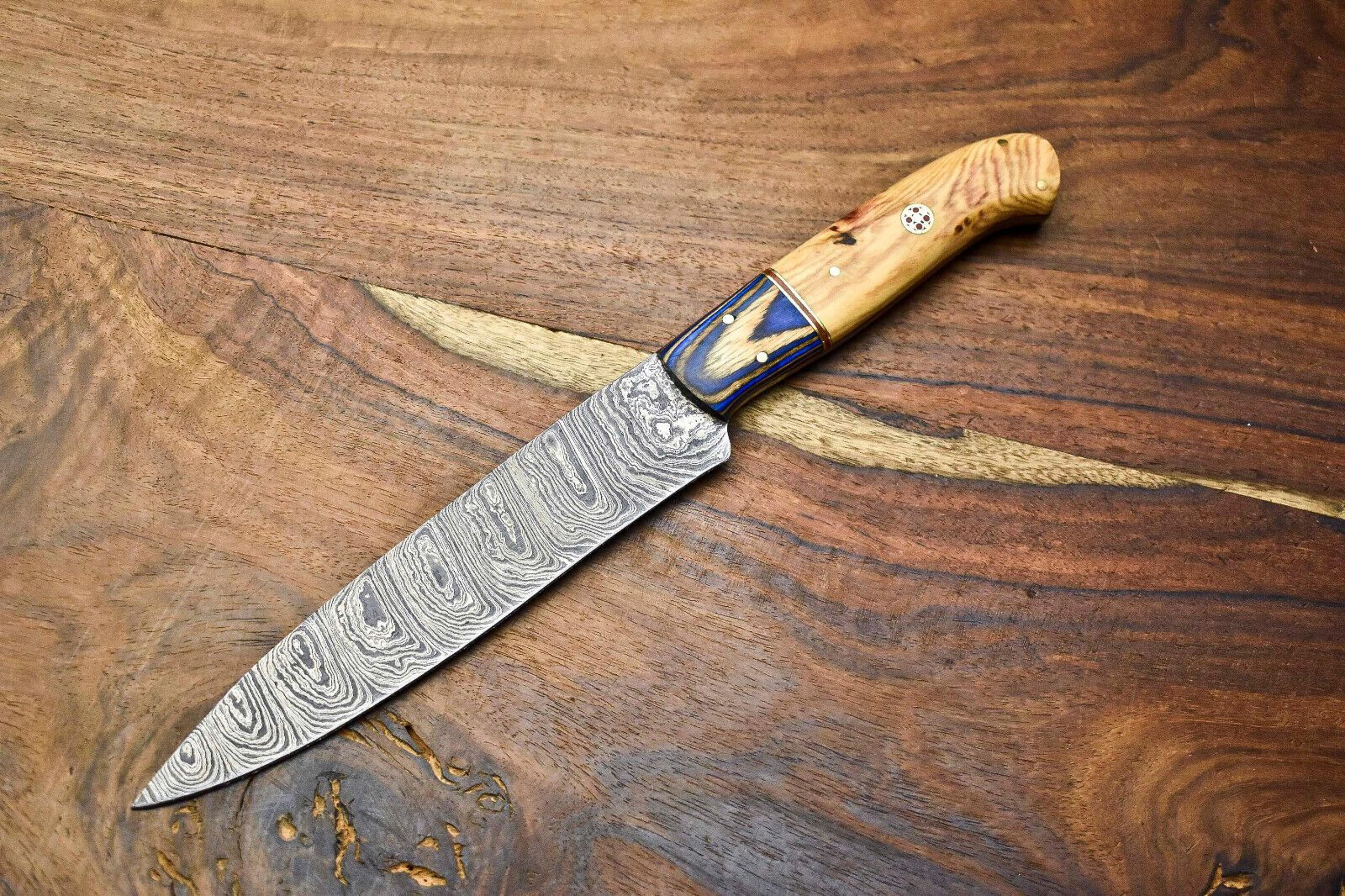 custom damascus chef knife | 12 inch hand forged blade with hard wood handle
