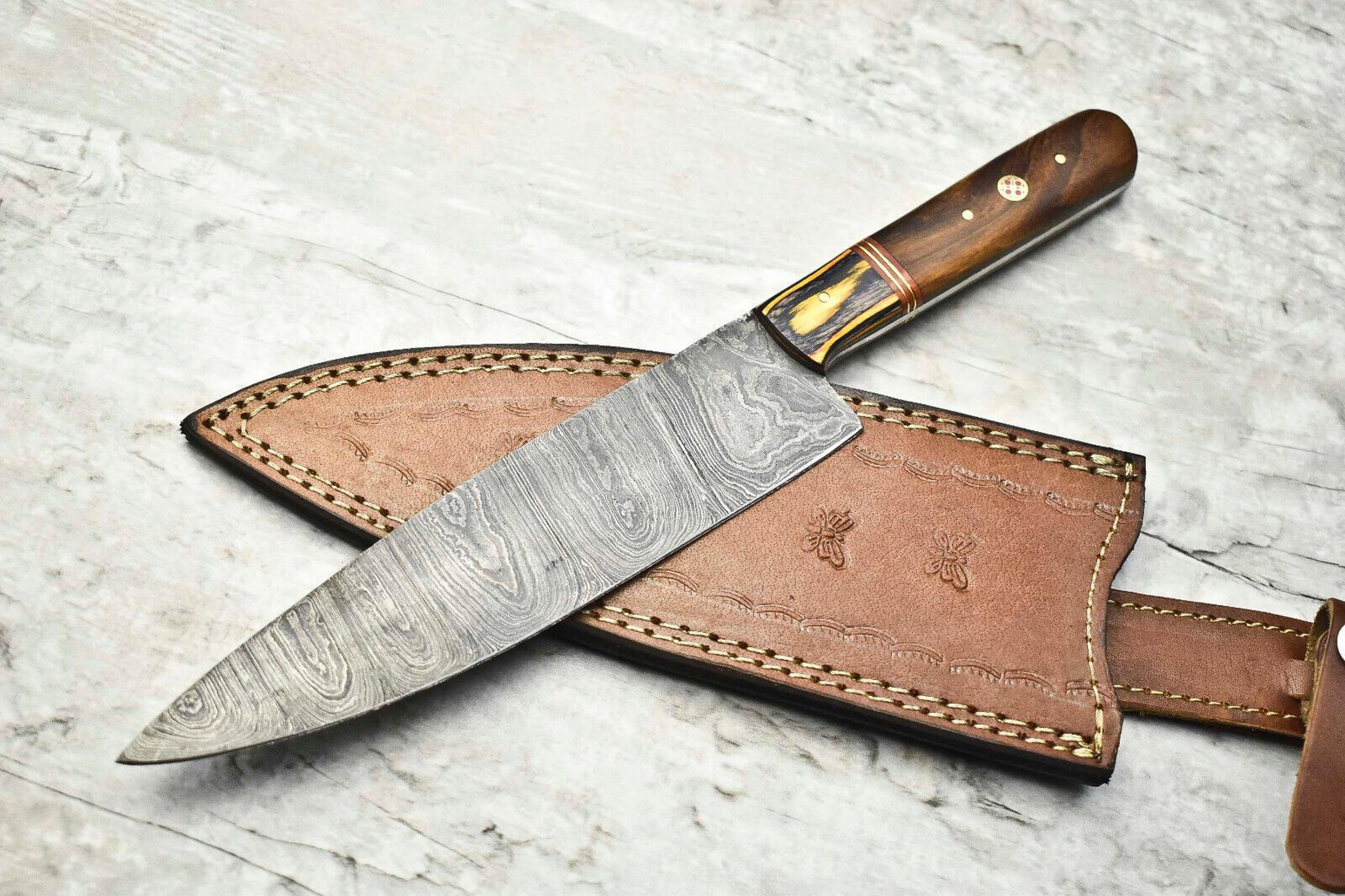 custom damascus steel chef knife | 12 inch forged blade with brass & wood handle