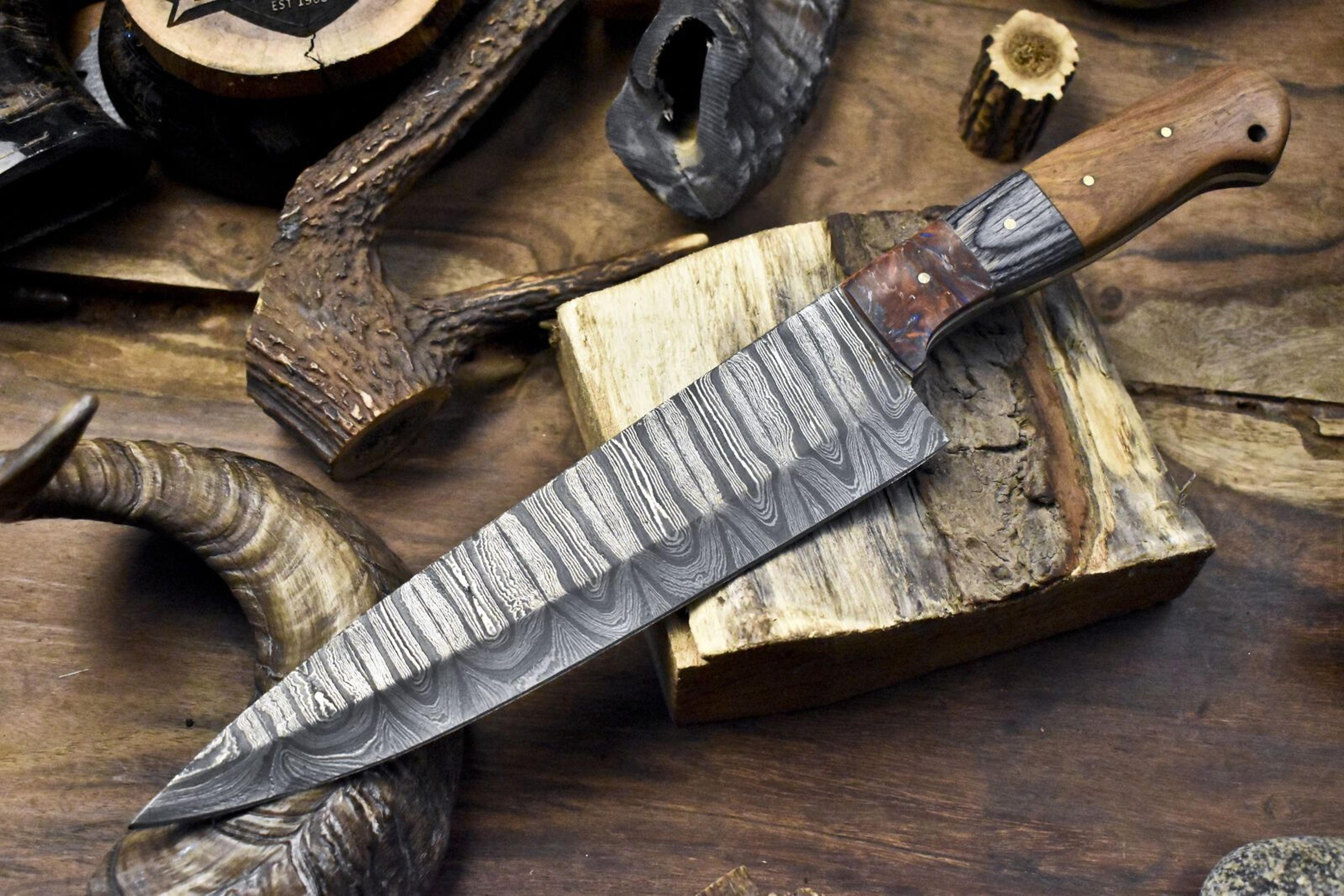 handmade twist damascus chef knife | hard wood handle | micarta bolster | 13" hunting & kitchen knife