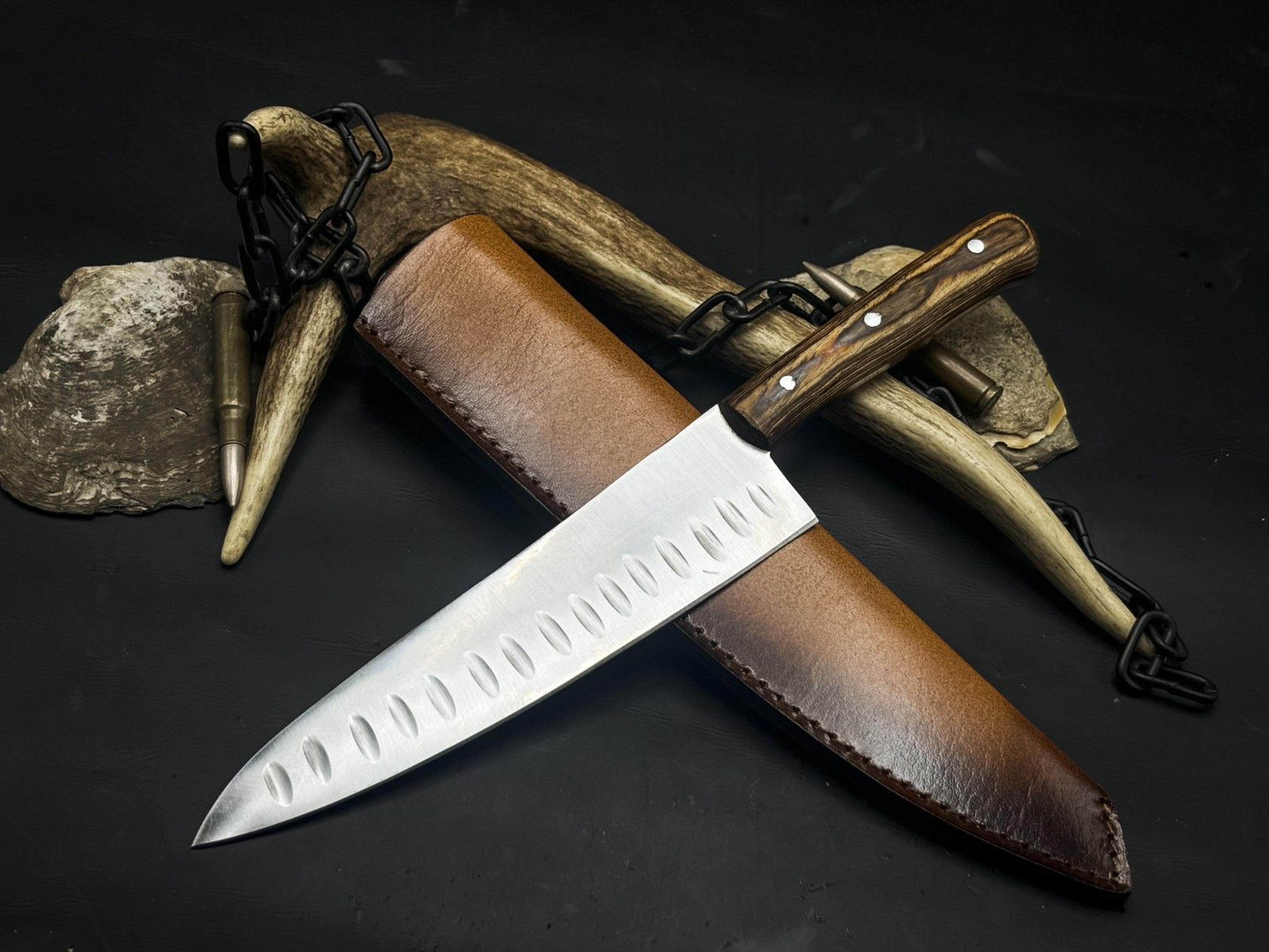 handmade j2 steel kitchen chef knife | wood handle | leather sheath