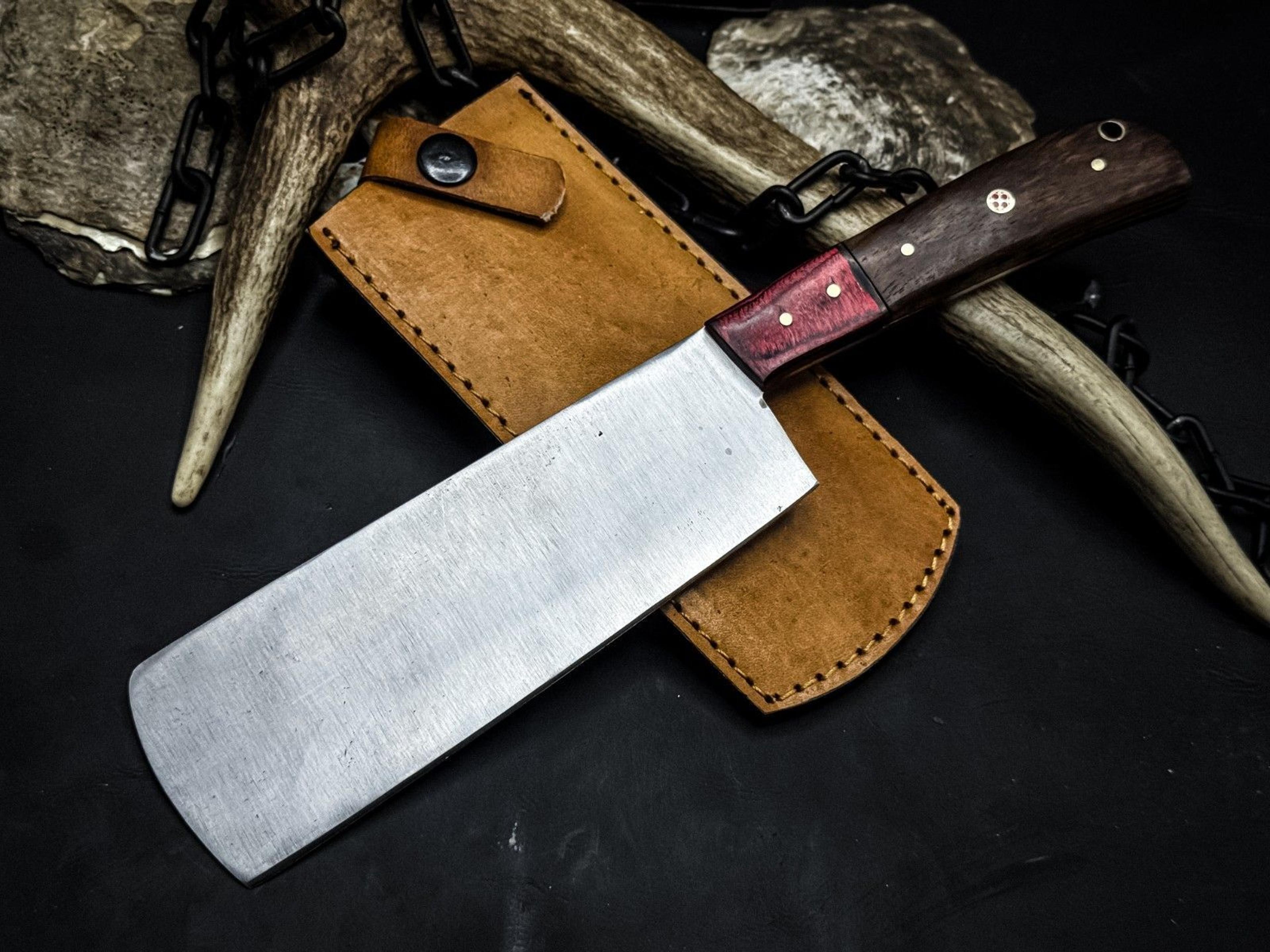 handmade carbon steel cleaver knife | wooden handle | leather sheath