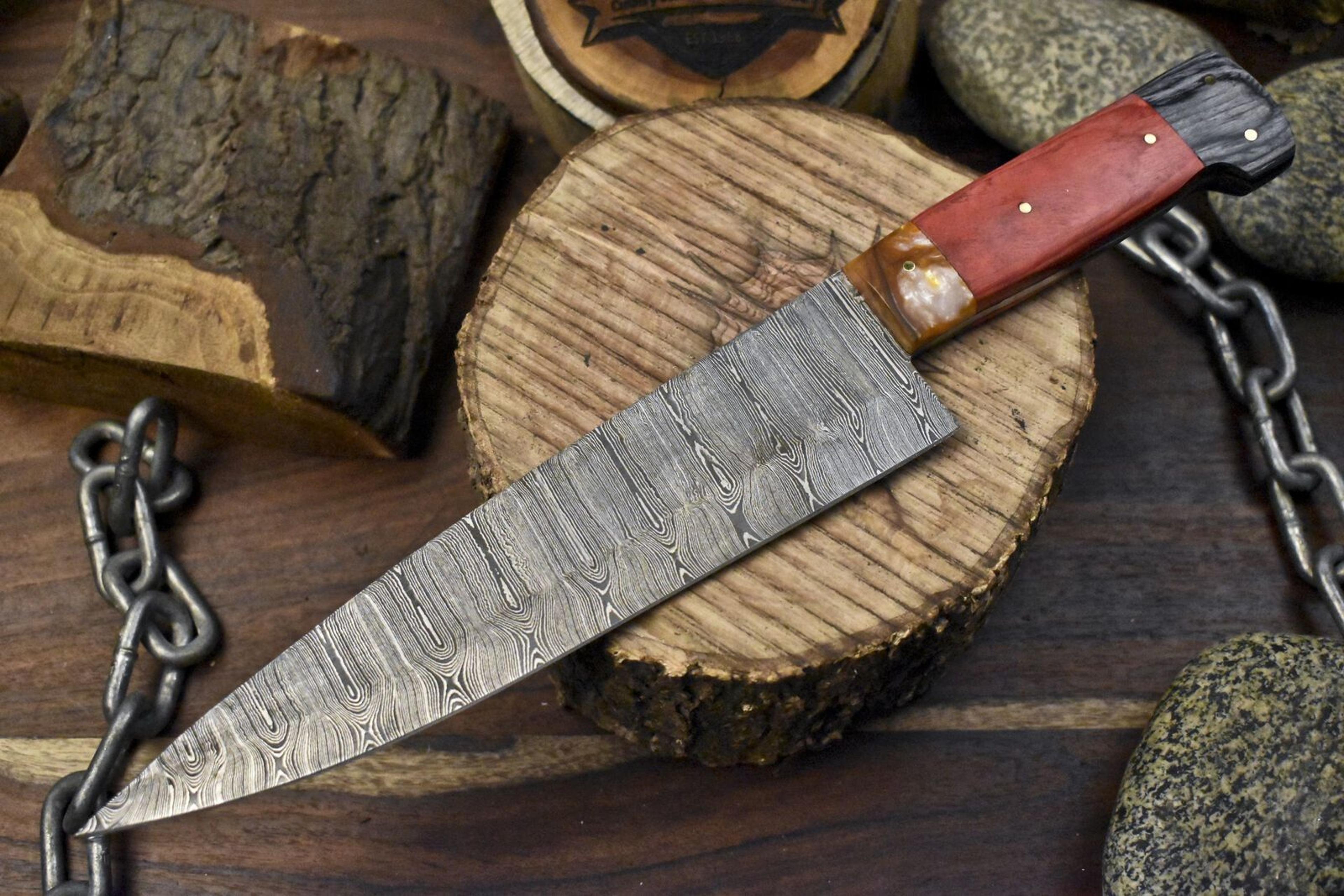 13 inch custom forged damascus steel chef knife with wood handle