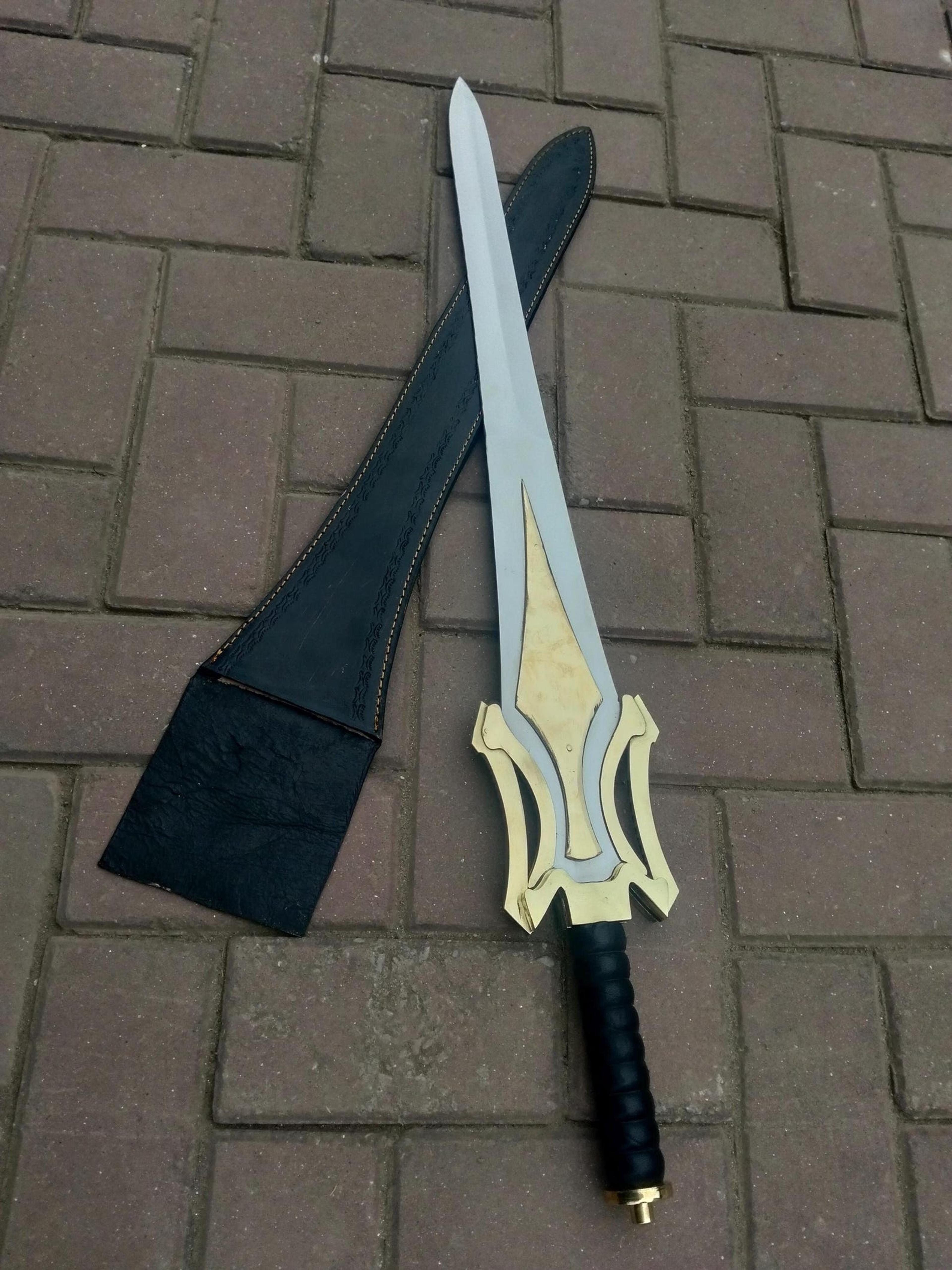 38in elven royal fantasy sword replica stainless steel blade gold hilt & black leather sheath