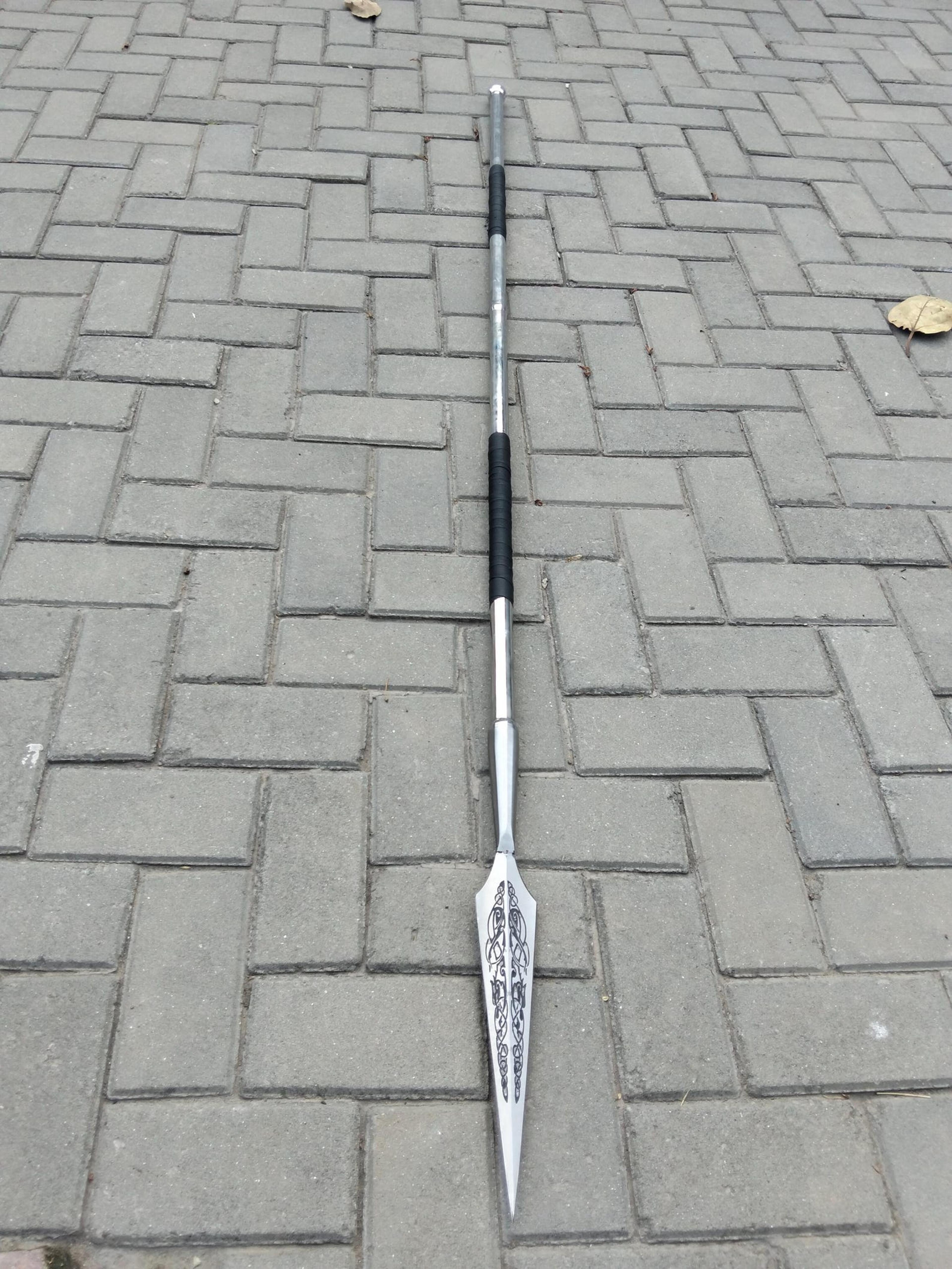 55in night elf spear replica high carbon steel etched spearhead black leather grip for display & collectors