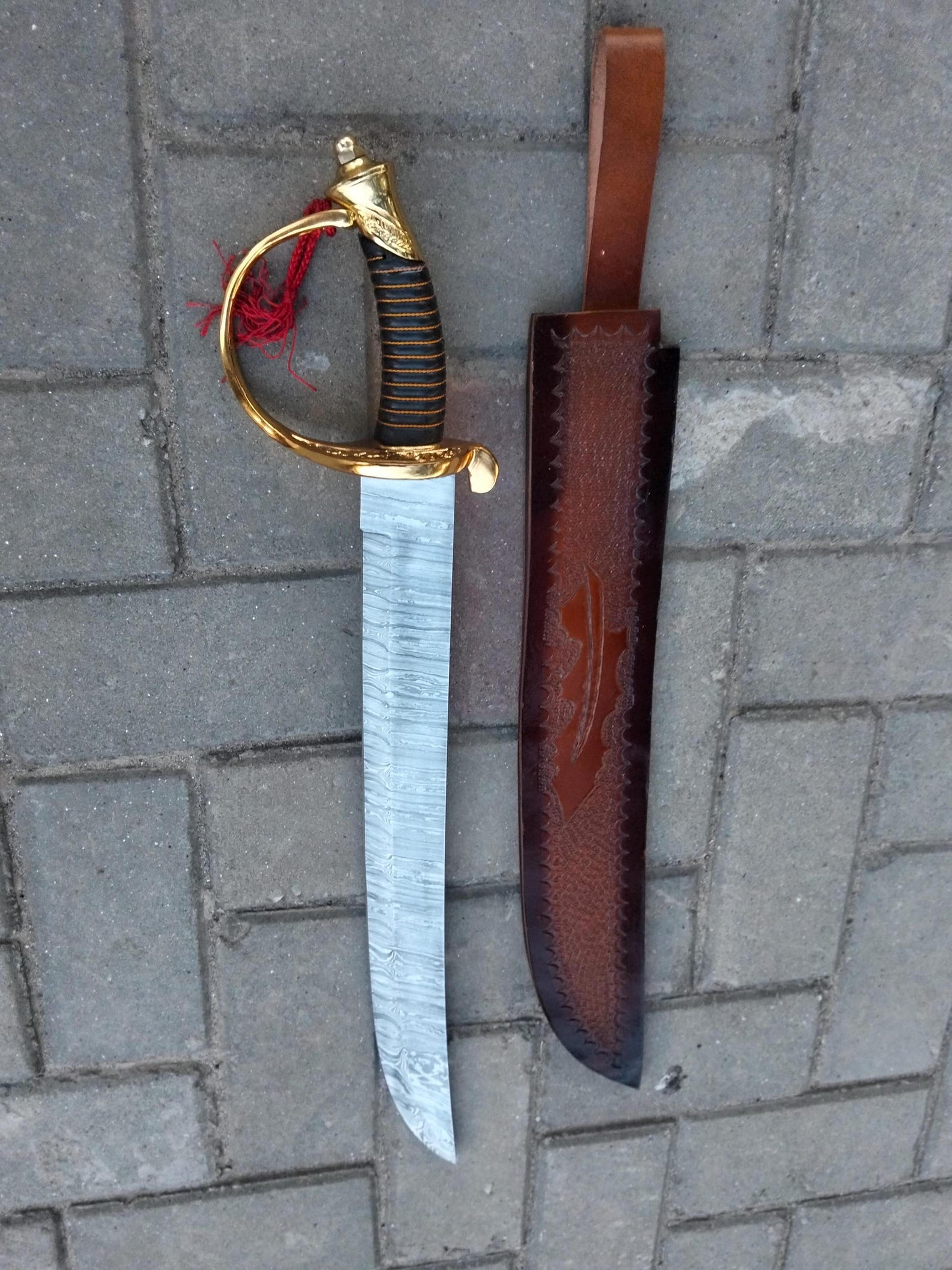 30in pirate boarding cutlass sword replica damascus pattern steel blade with brass guard & leather sheath