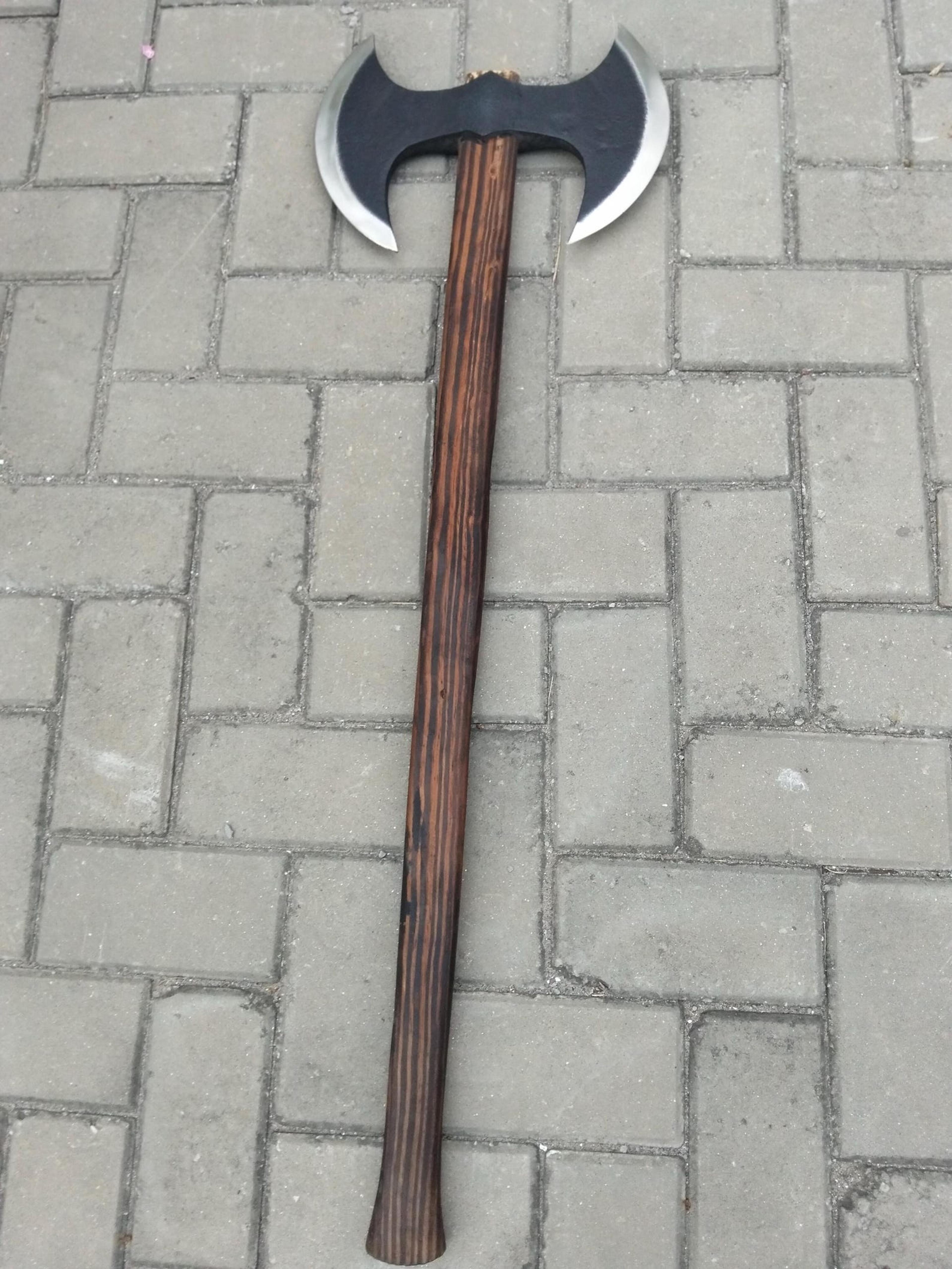 36in double headed viking battle axe with steel crescent blades & wood handle for display & collectors