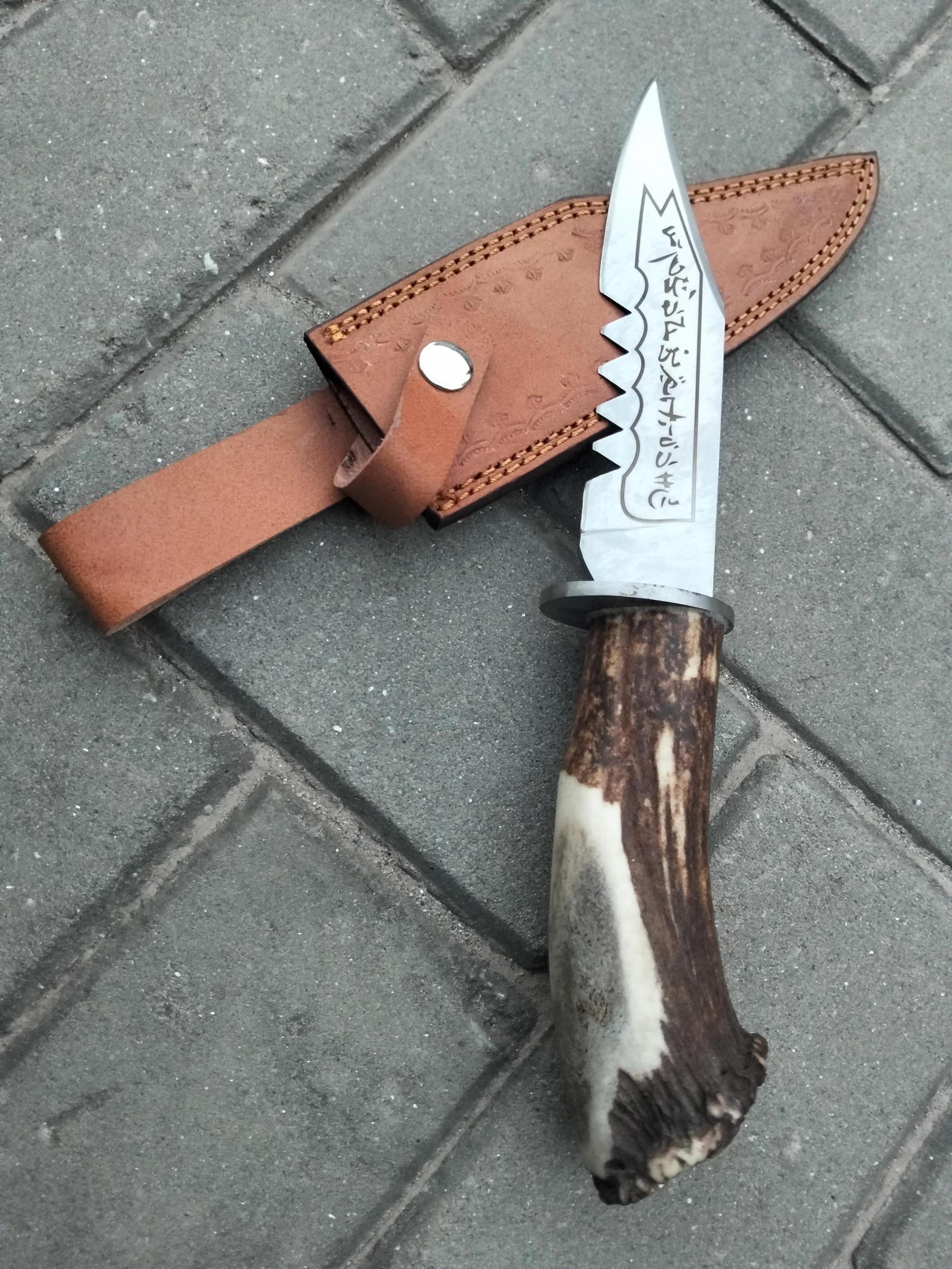12in fantasy rune dagger with stainless steel blade, antler handle & leather sheath for display & collectors