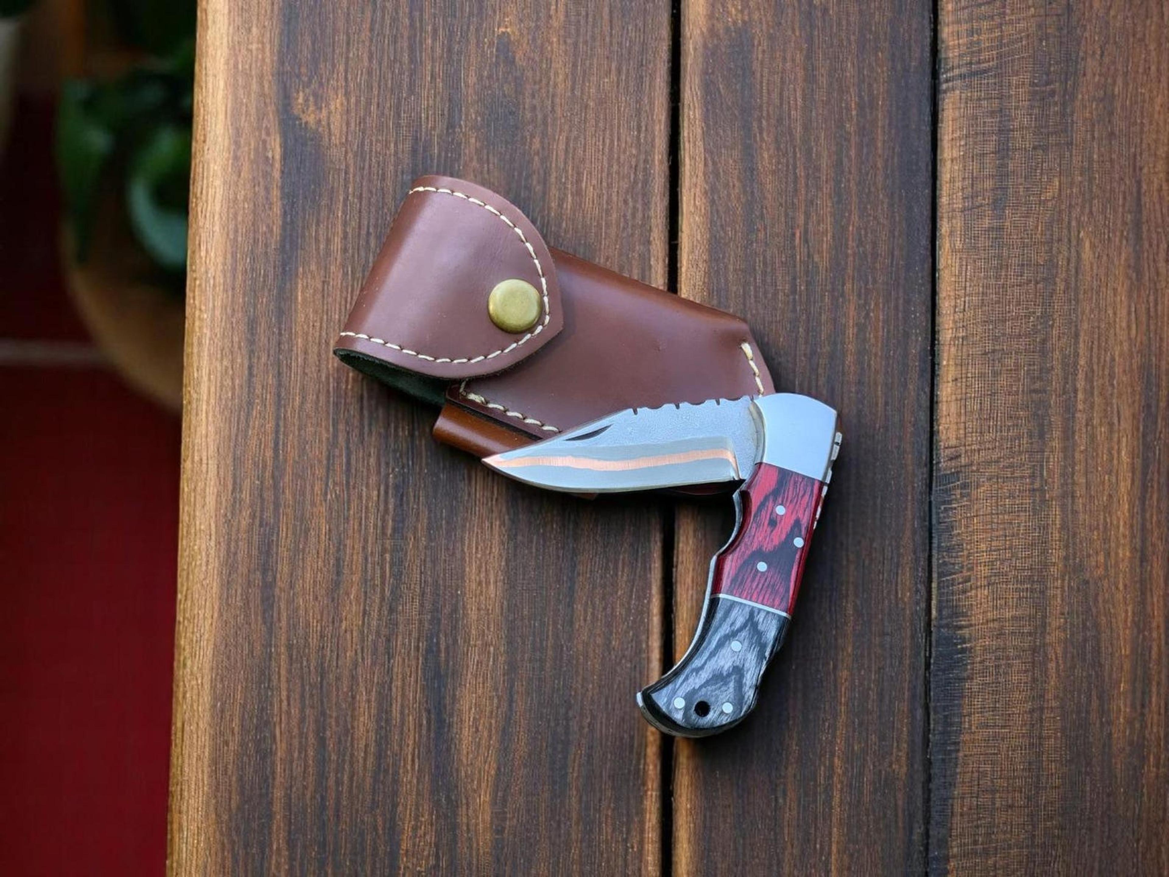 crimson ridge folding hunter knife – compact two-tone blade with wood grip & leather belt pouch
