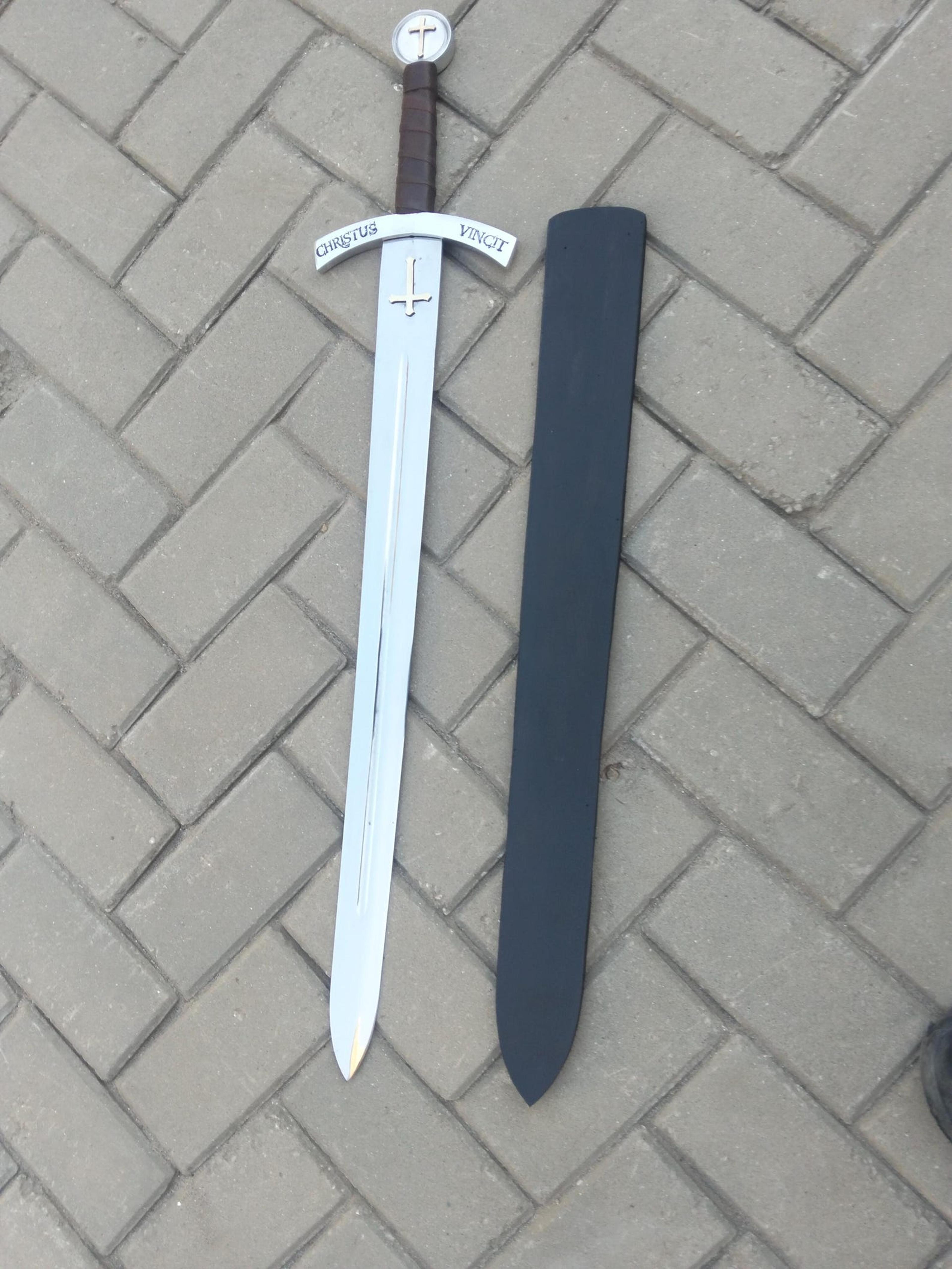 36in christus vincit crusader sword replica stainless steel blade with black scabbard for display & collectors