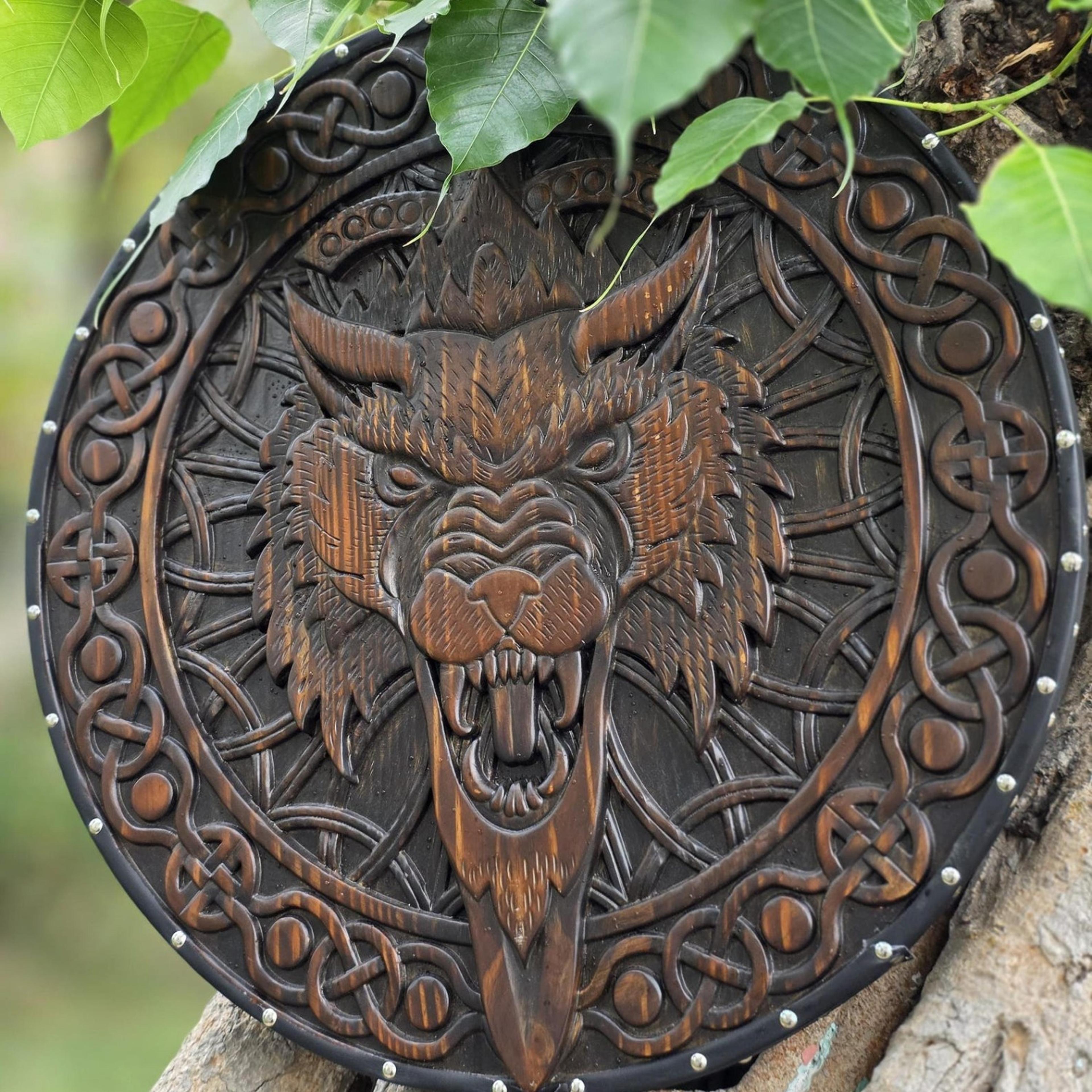 24in fenrir viking wolf shield hand-carved wooden norse round shield for wall display, cosplay & collectors