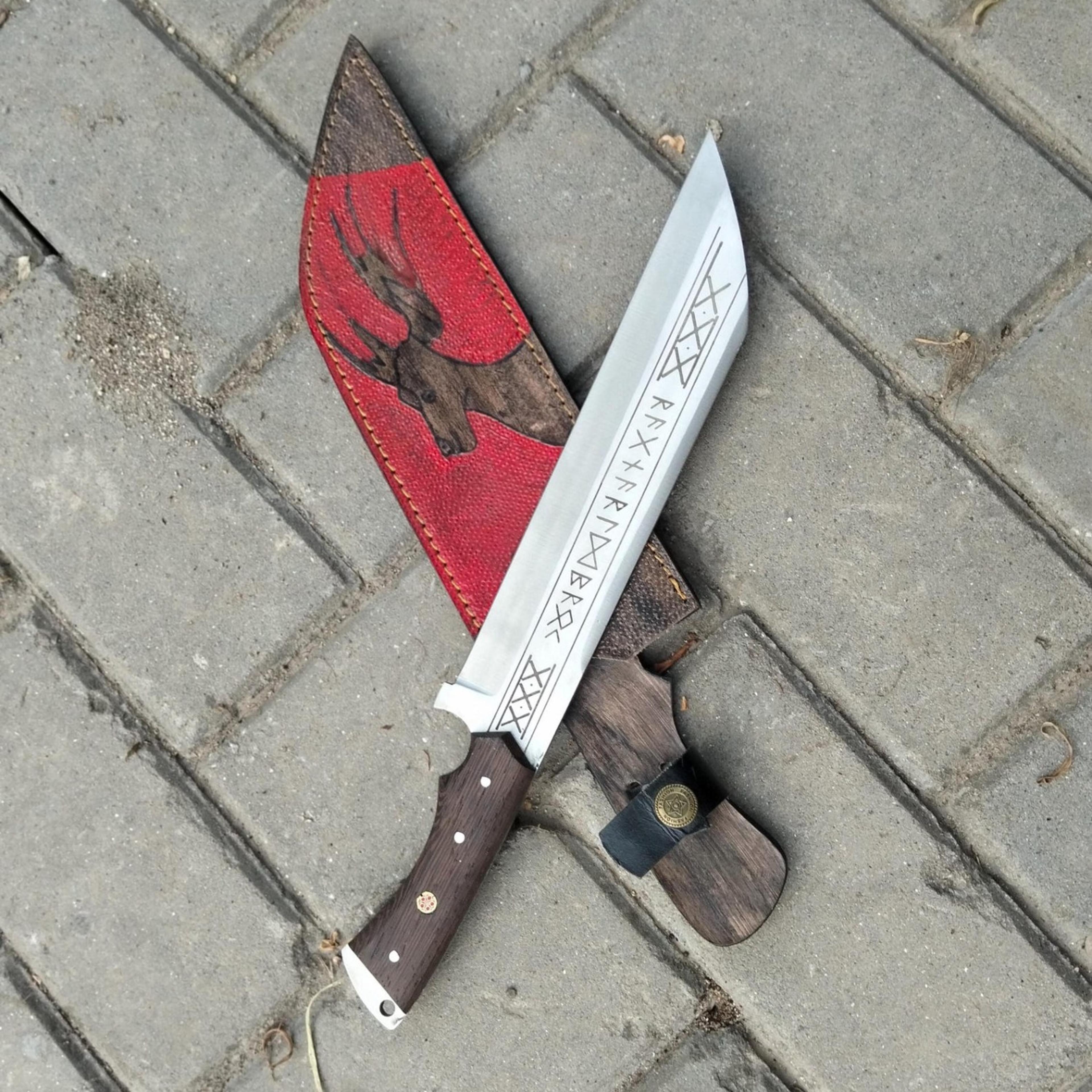15in viking runic long seax knife stainless steel blade wood handle & raven leather sheath