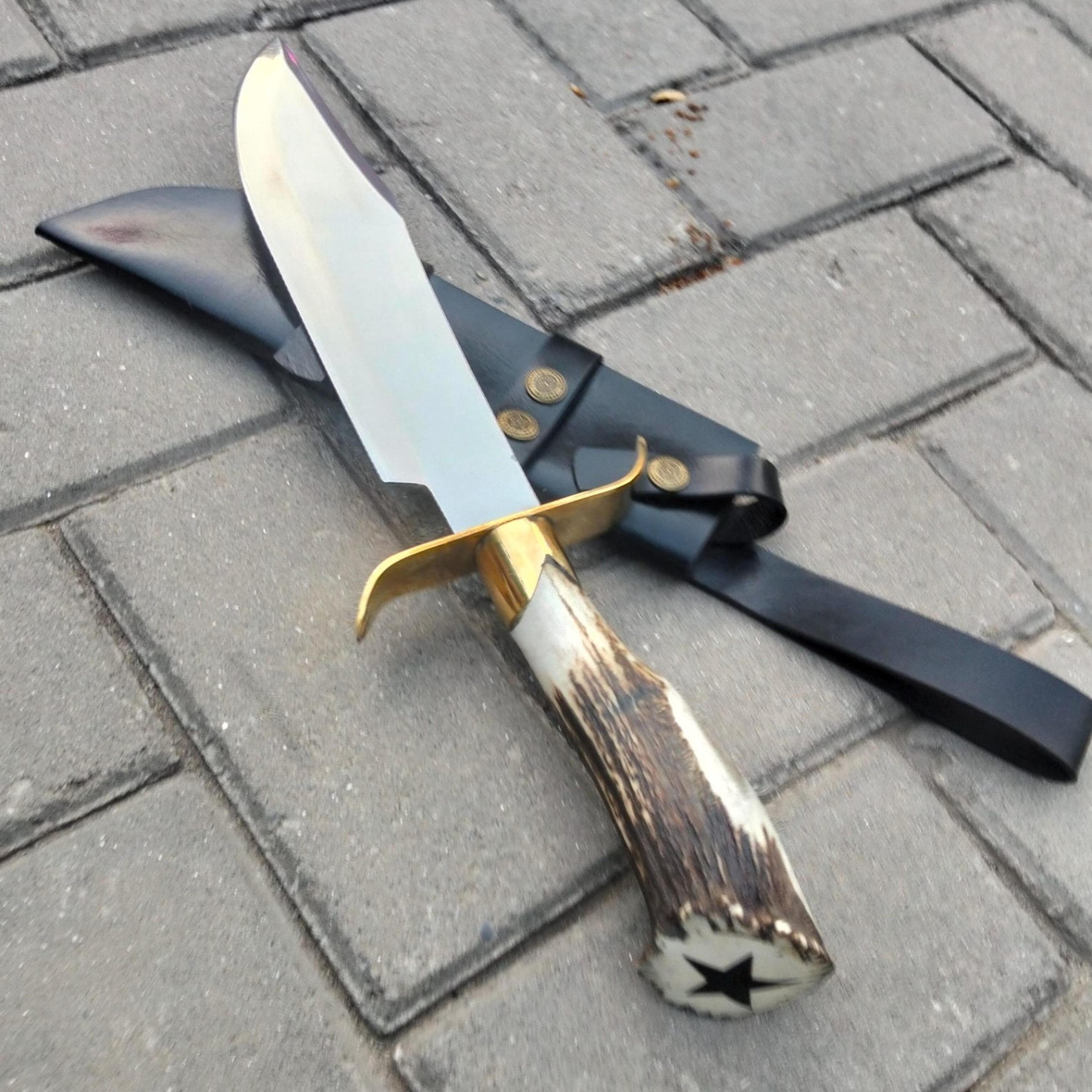 13in stag horn bowie knife with stainless steel blade, brass guard & black leather sheath for collectors