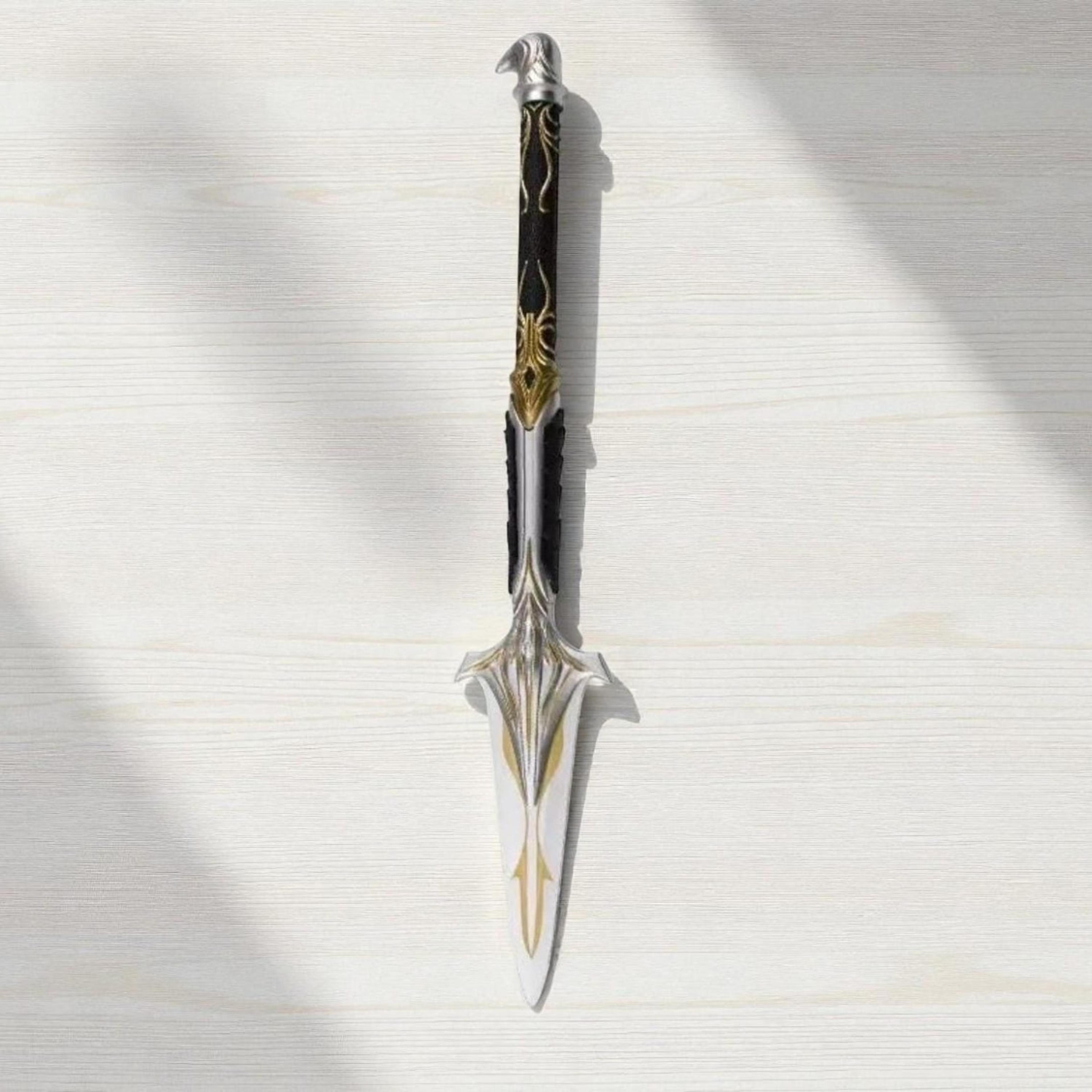18in fantasy elven spear dagger with stainless steel blade, black gold handle for display & collectors