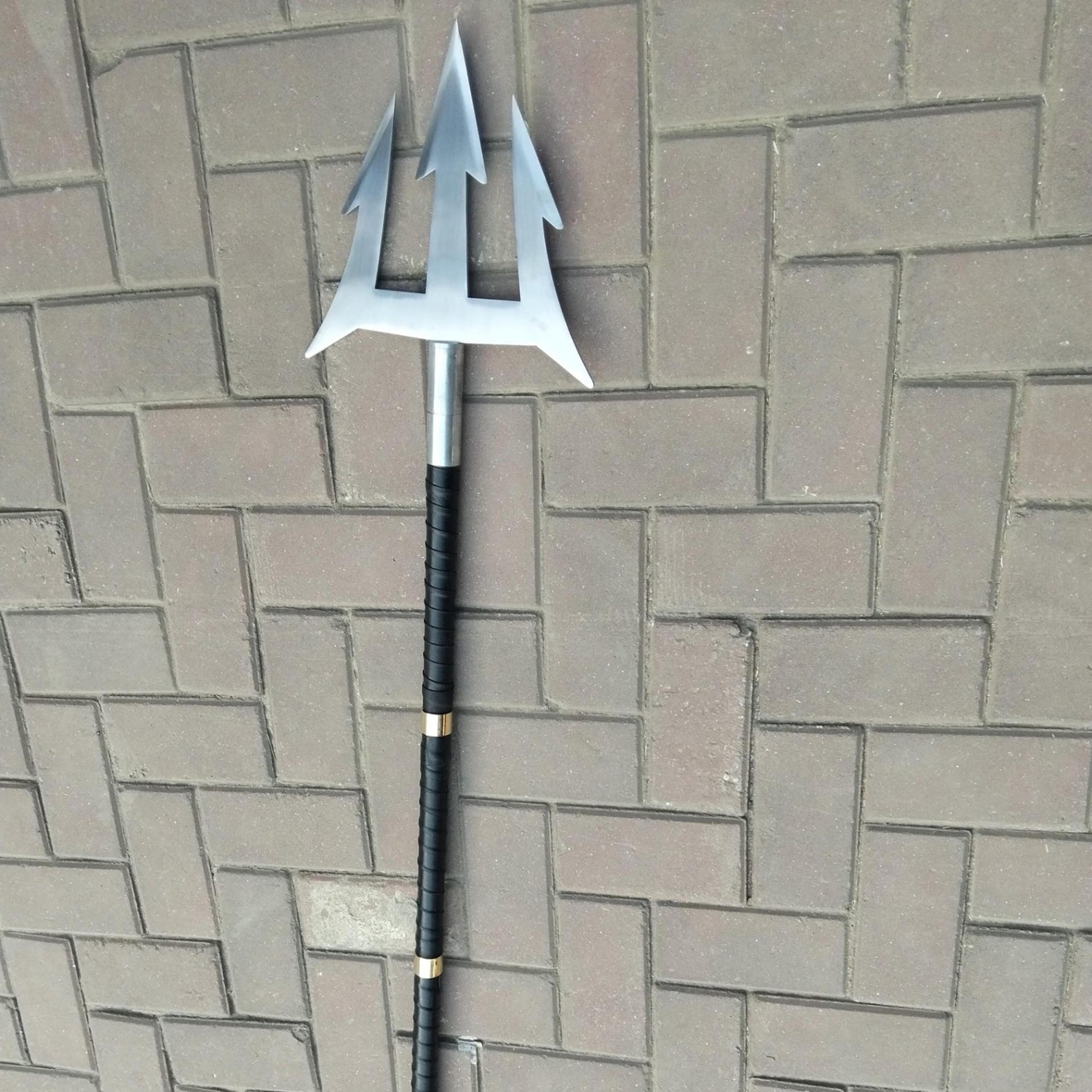 62in poseidon trident replica steel 3-prong spear with black wrapped handle for display, cosplay & collectors