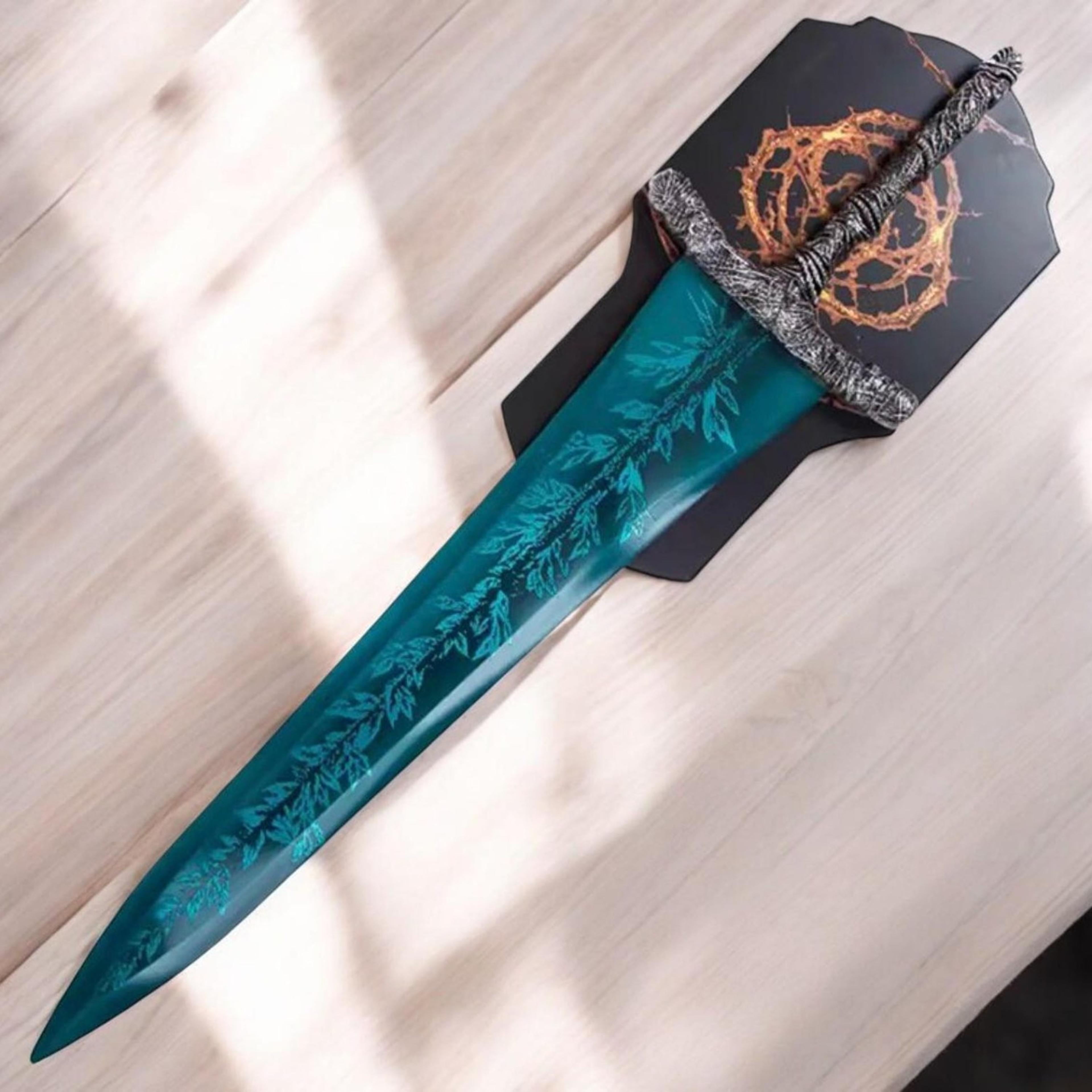 hand forged azure thornblade – teal engraved gothic sword with sculpted dark guard