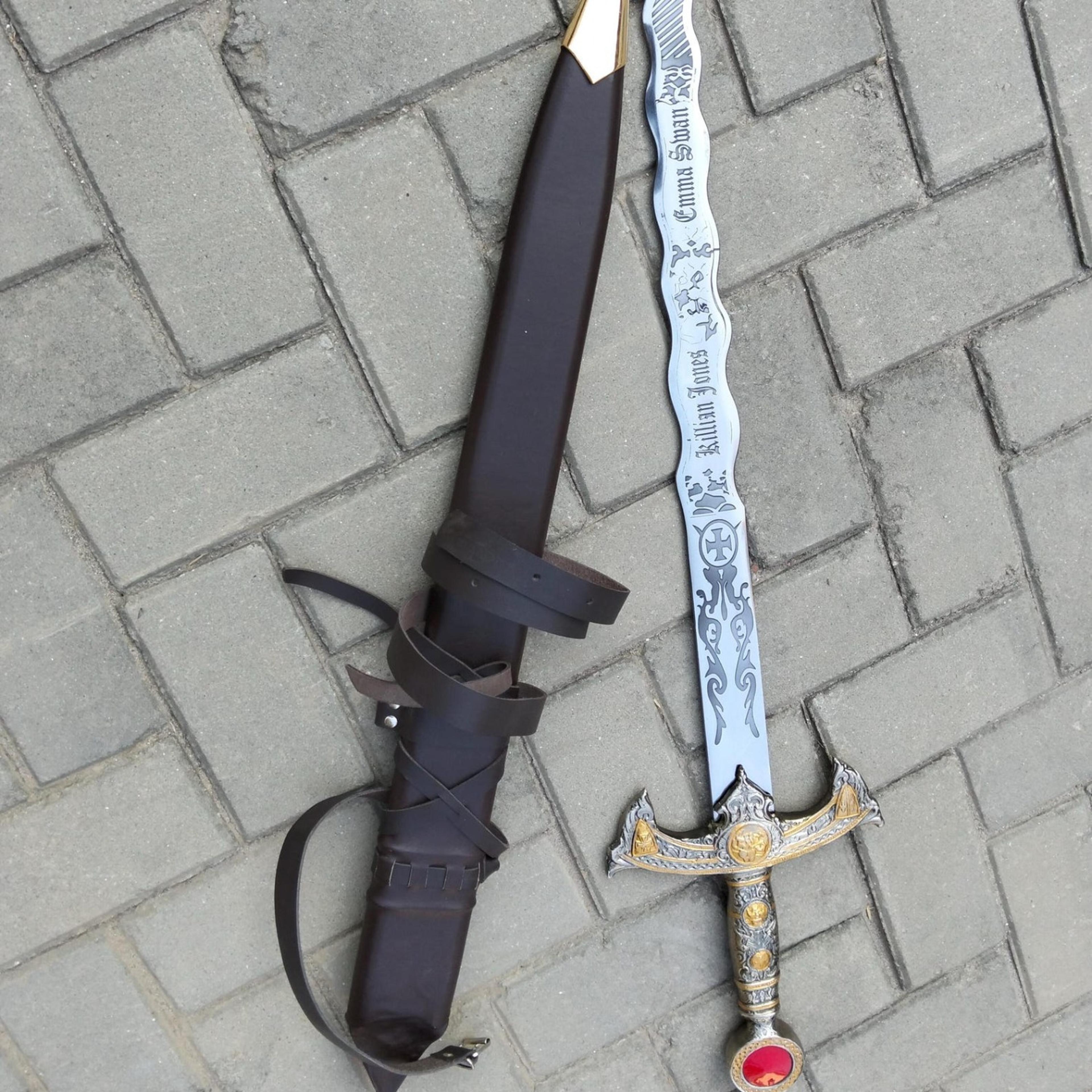 handmade crimson grail ceremonial sword – wavy engraved blade with jeweled gold & silver hilt