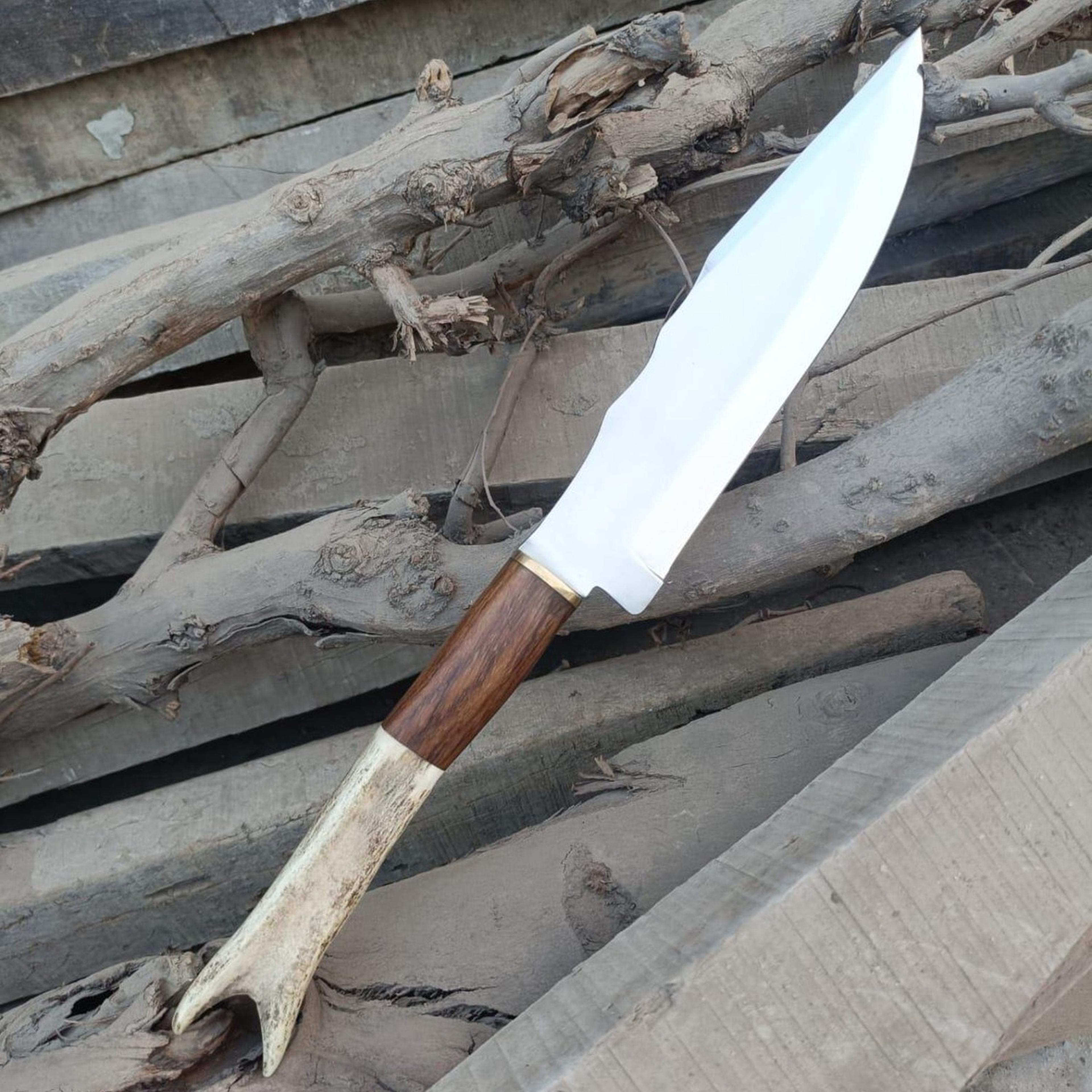 15in stag horn bowie hunting knife with stainless steel blade & wood antler handle for camping & collectors