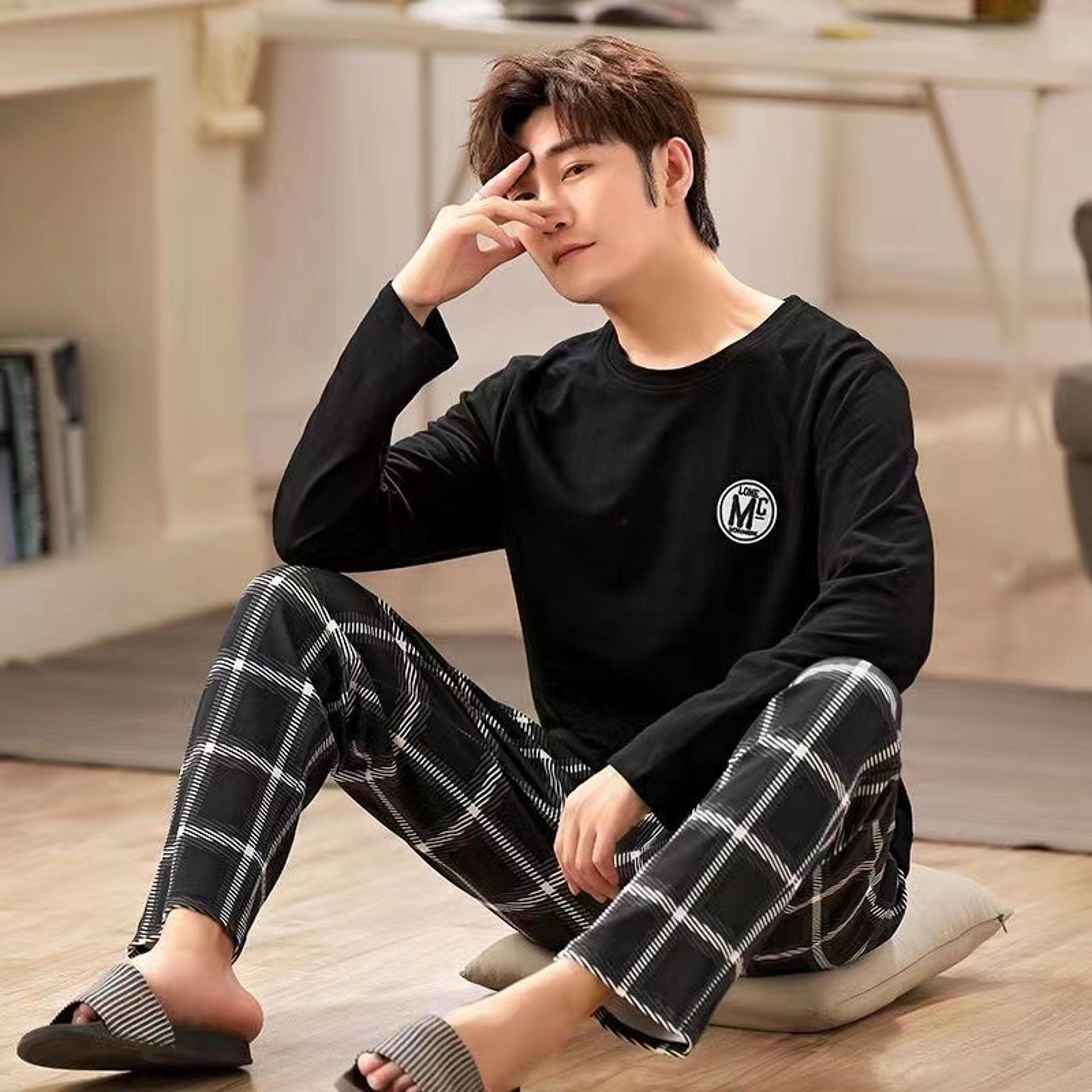 new summer men's pyjamas, black plaid trousers, long-sleeved two-piece set, large size youth home wear suit