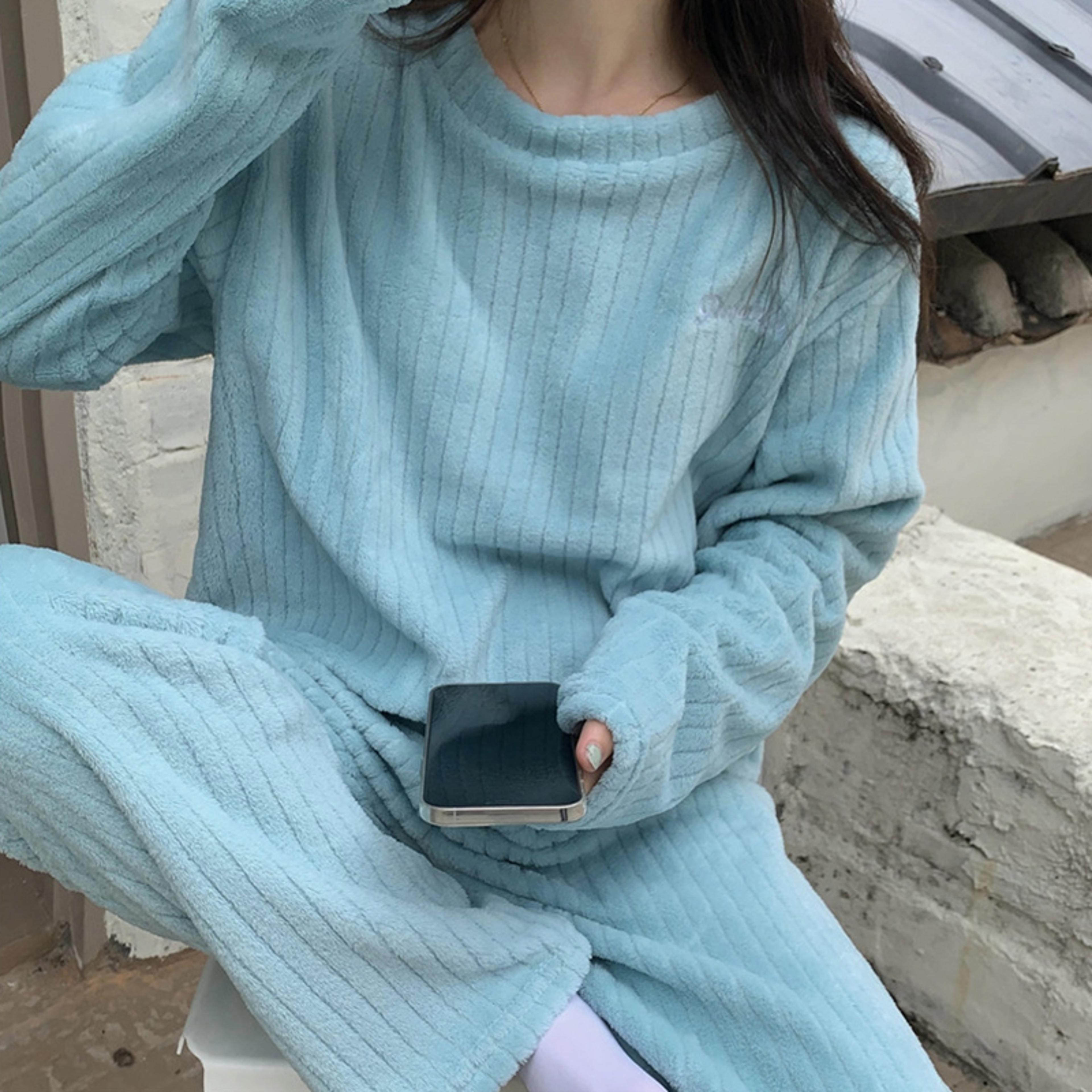 women casual pajama sets, autumn women solid warm piece sets, thicken velvet ribbed fleece set pullover and pants