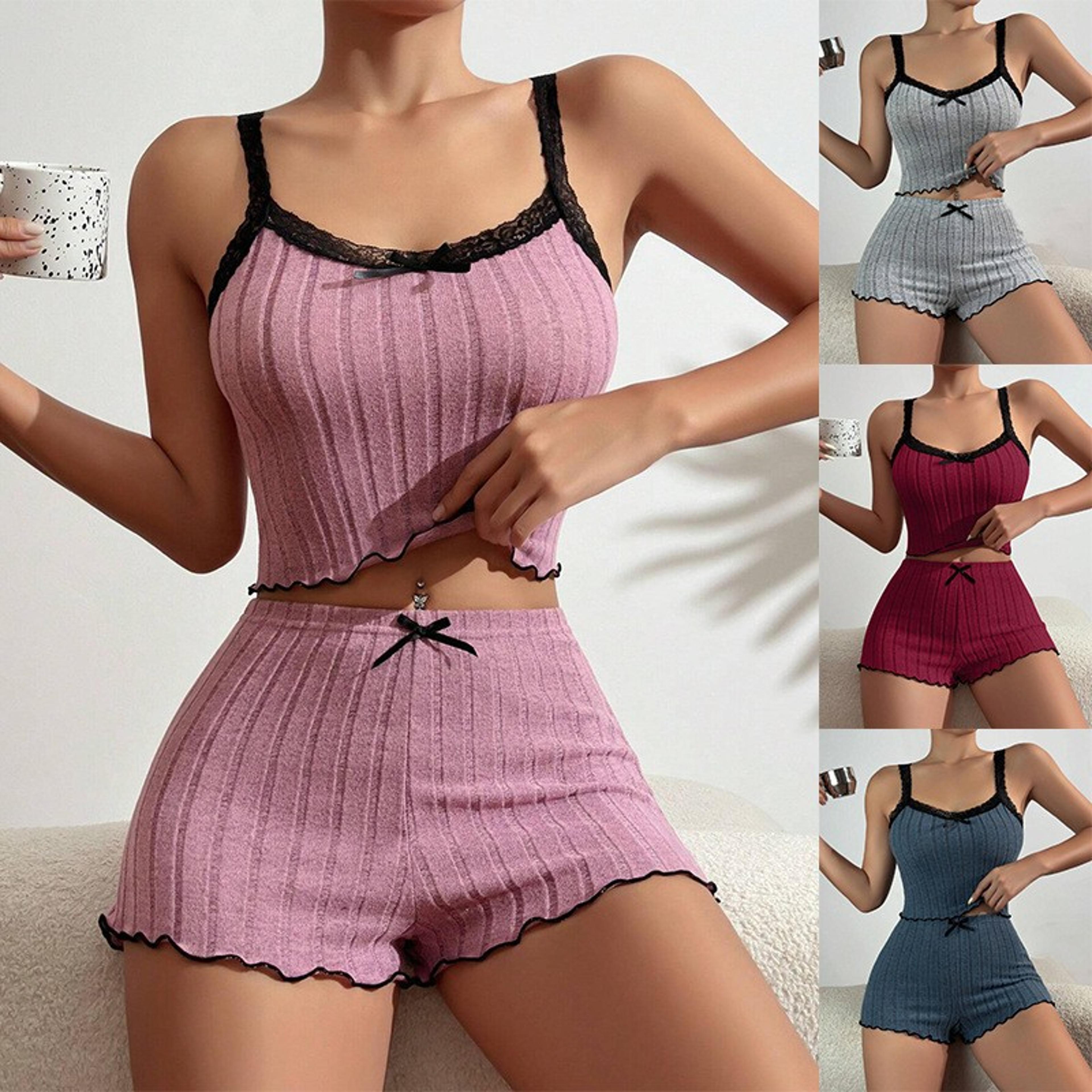 summer womens ribbed knit pajama set, lace trim bow cami top, lettuce hem shorts, soft cute sleepwear, comfy loungewear