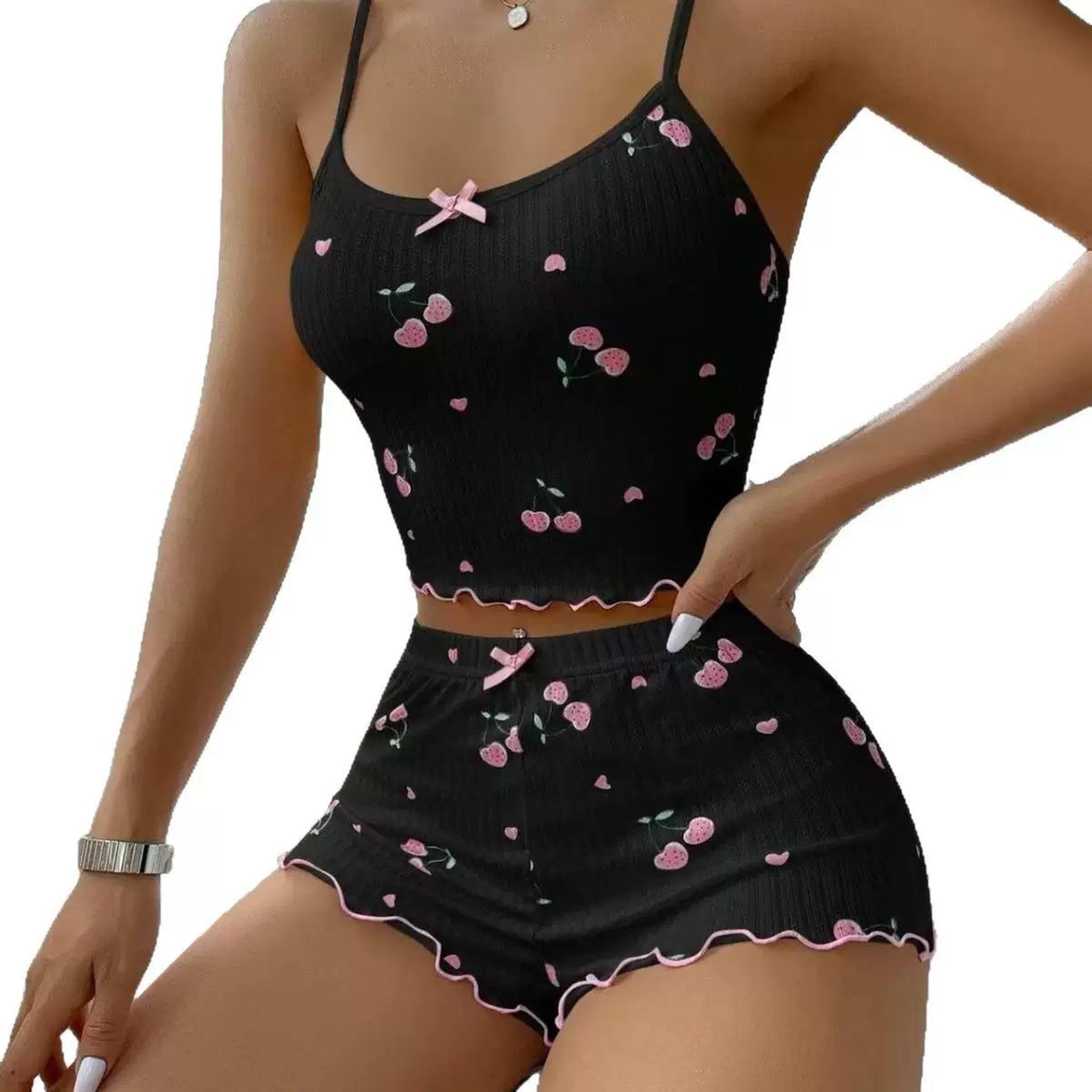 summer pajama set for women, ribbed backless crop top & shorts, heart print & bow detail