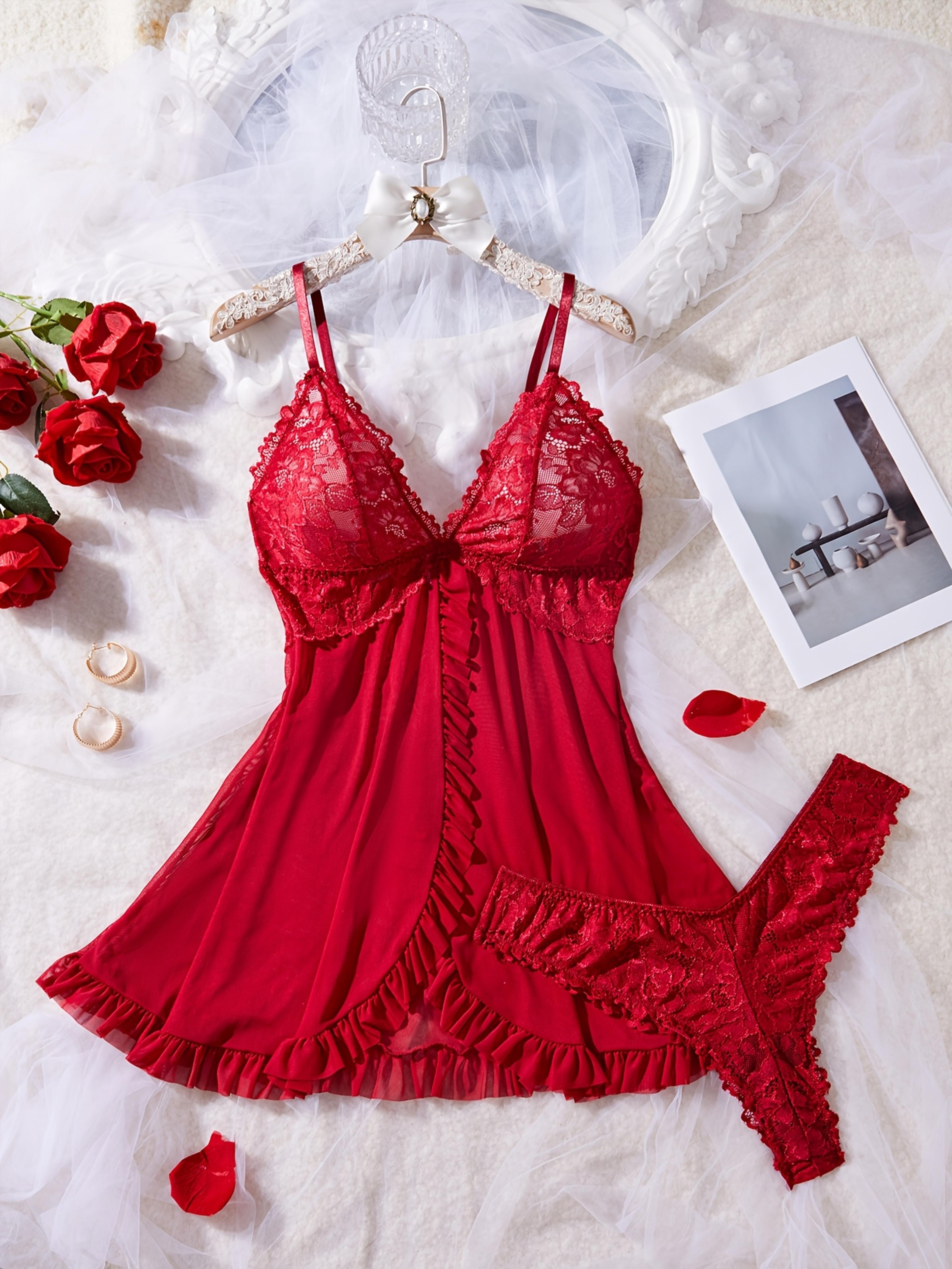 sexy lace lingerie set for women, red hot sleepwear nightdress, v-neck sheer lace camisole, matching panties, romantic