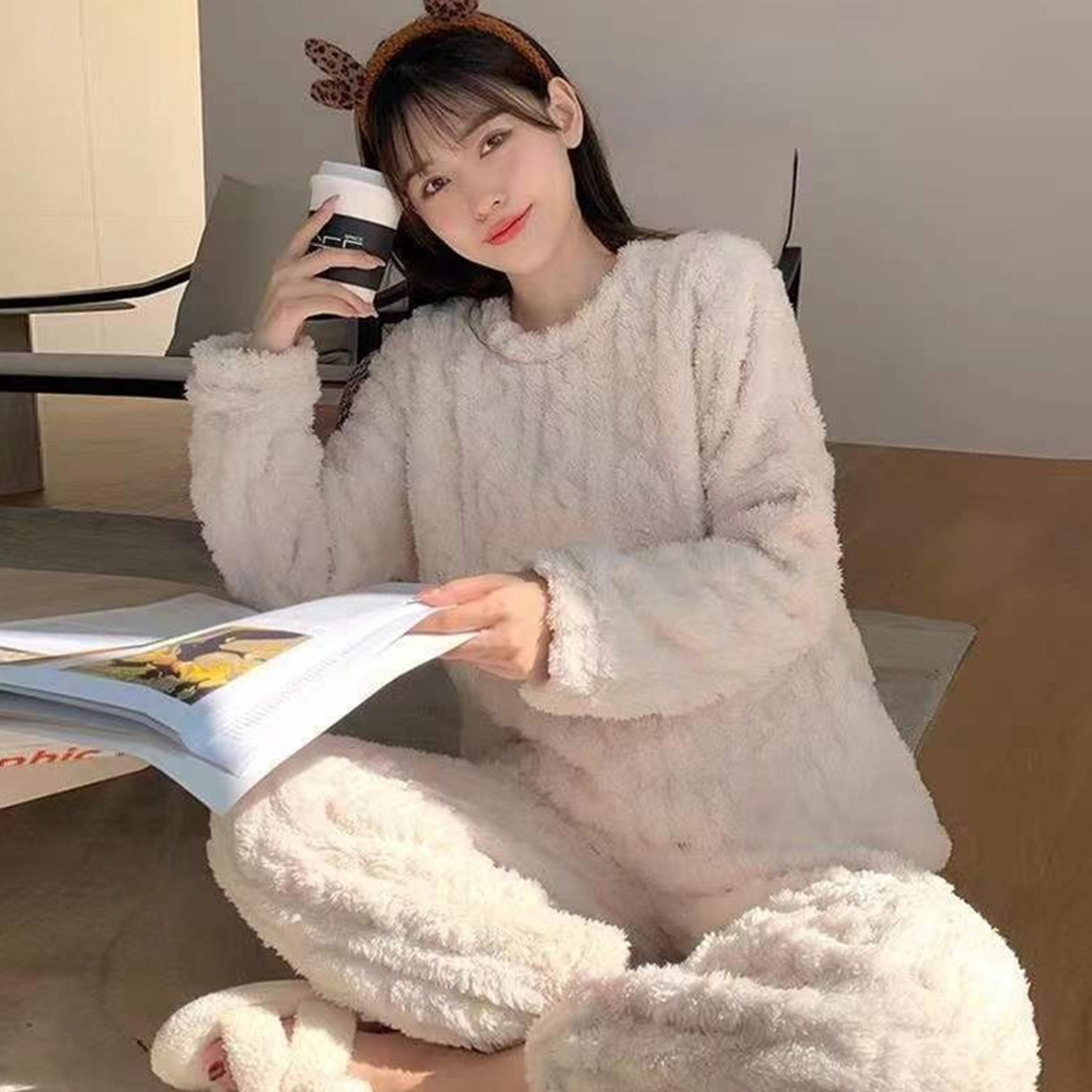 women casual pajama sets, autumn solid warm thicken velvet ribbed fleece set