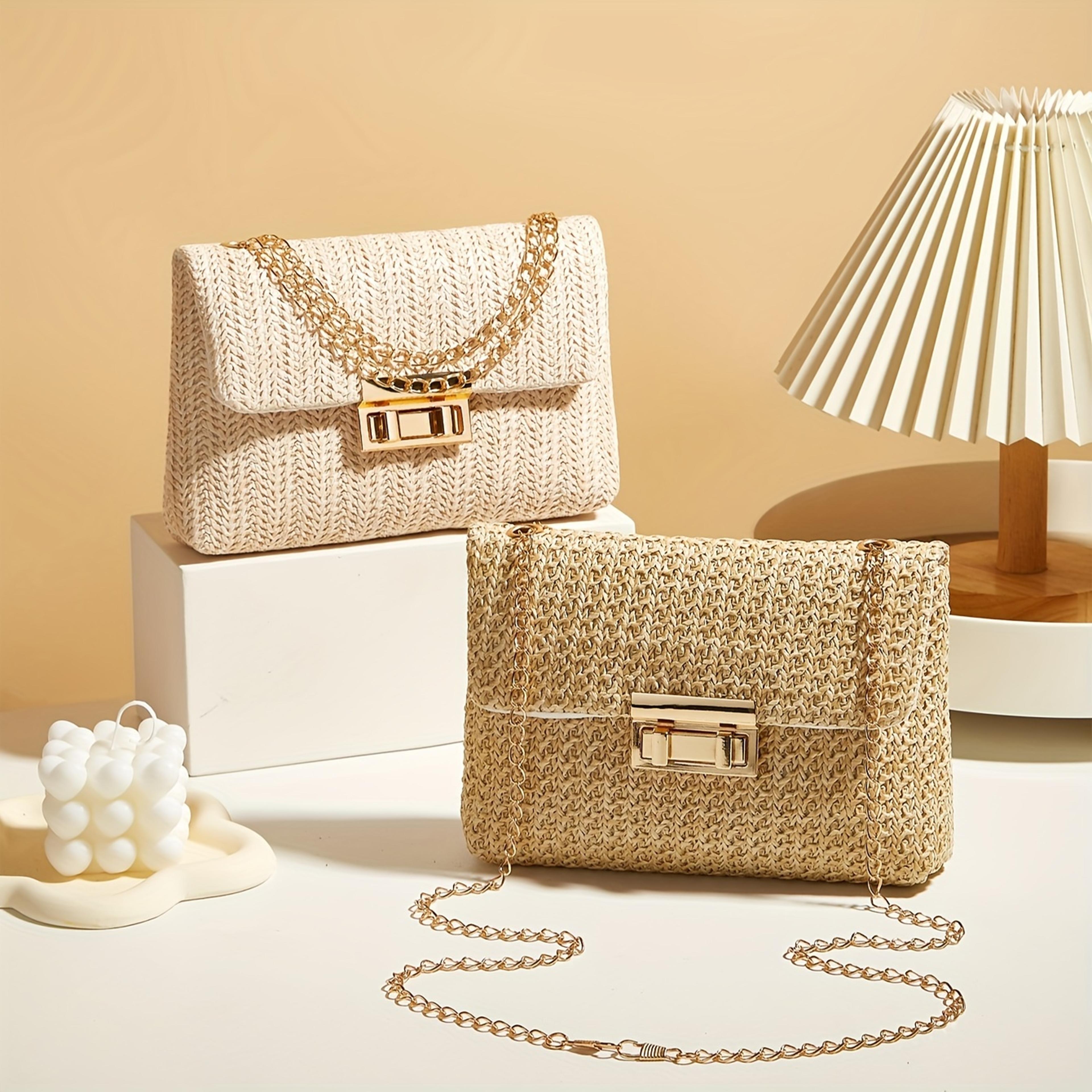 solid color woven straw handwoven women's shoulder bag, fashion crossbody purse with lock closure, stylish and durable