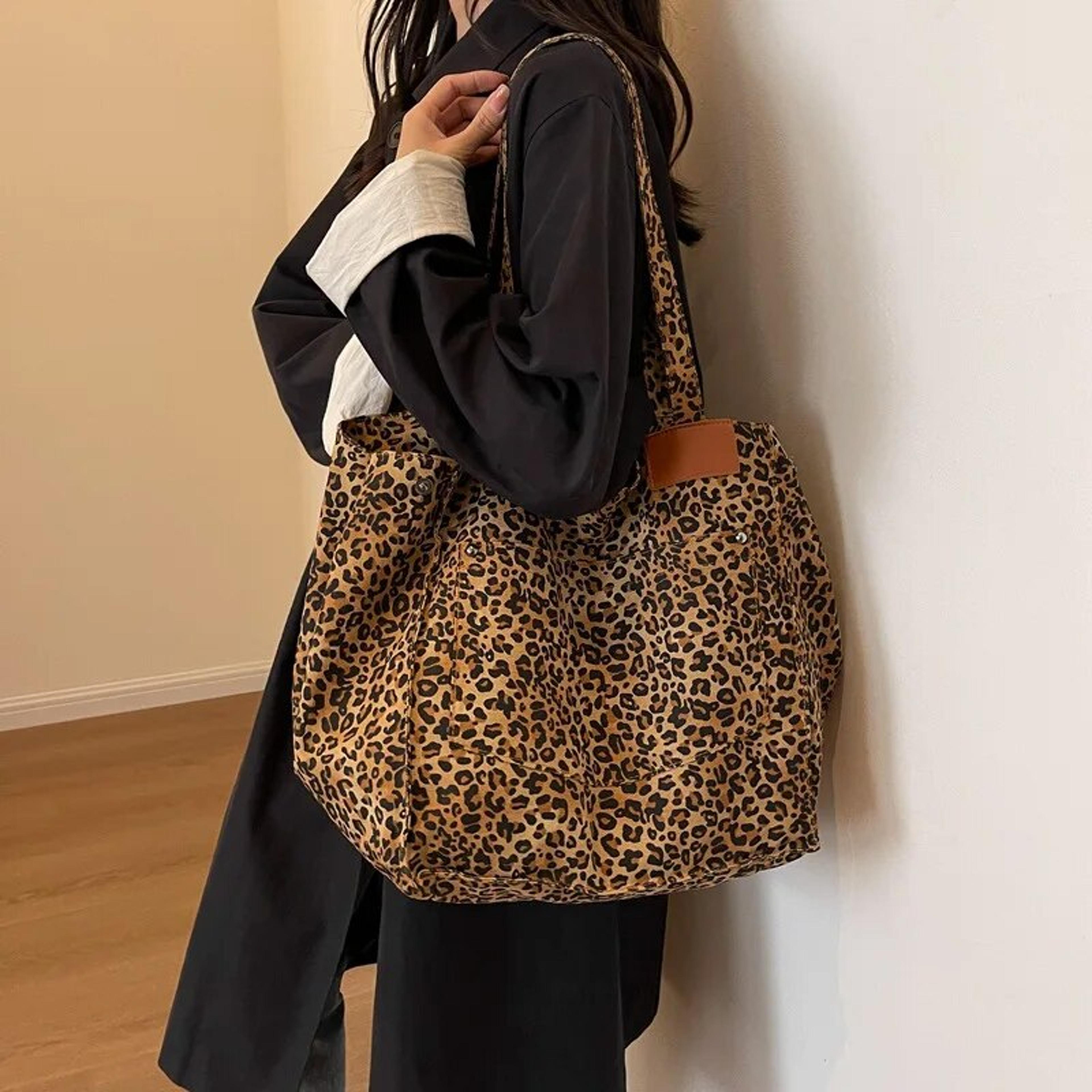 vintage canvas shoulder bag, leopard pattern tote bag, fashion big capacity handbag for school, work, shopping