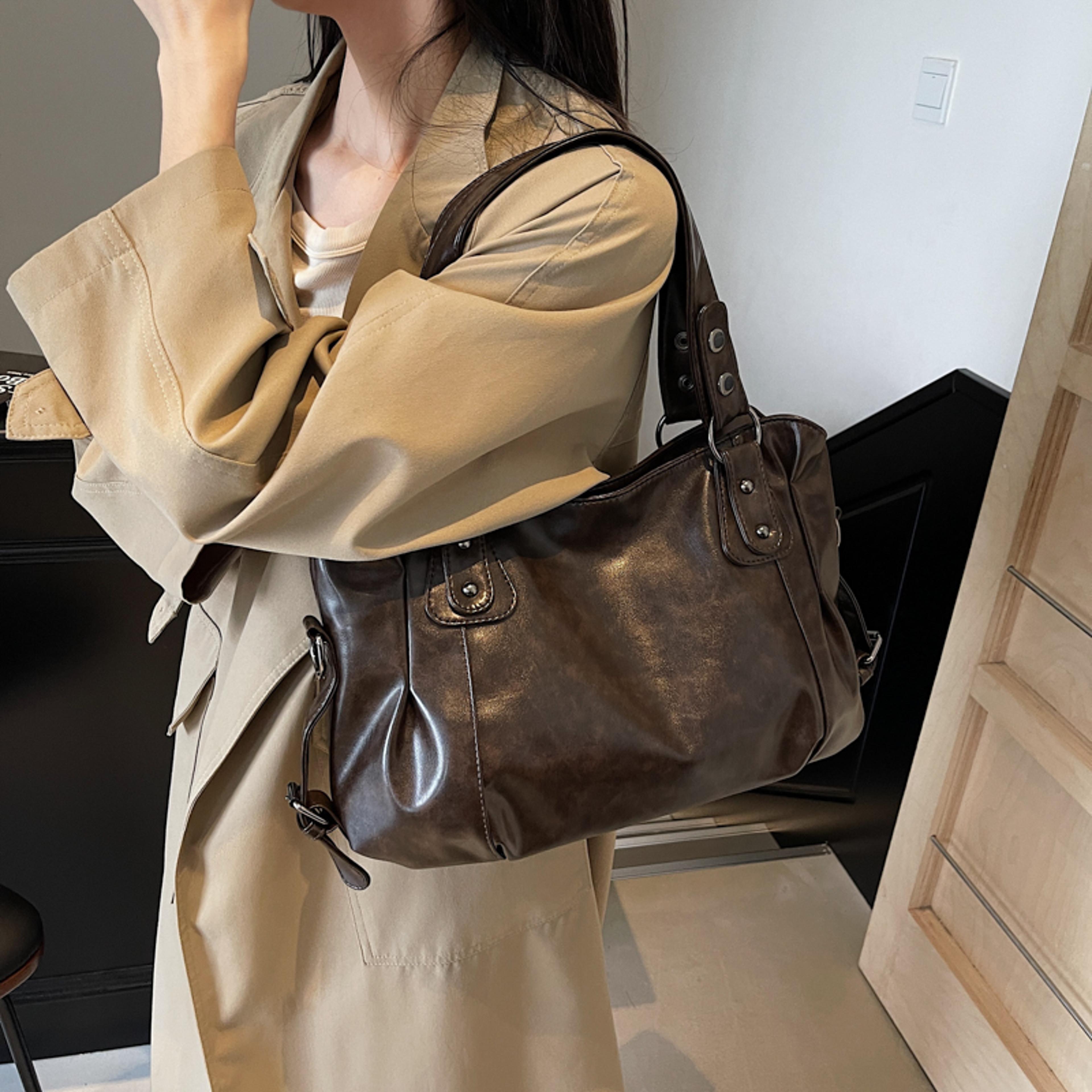 retro large capacity women pure color pu shoulder tote bag, chic fashion handbag, durable pu leather tote for work