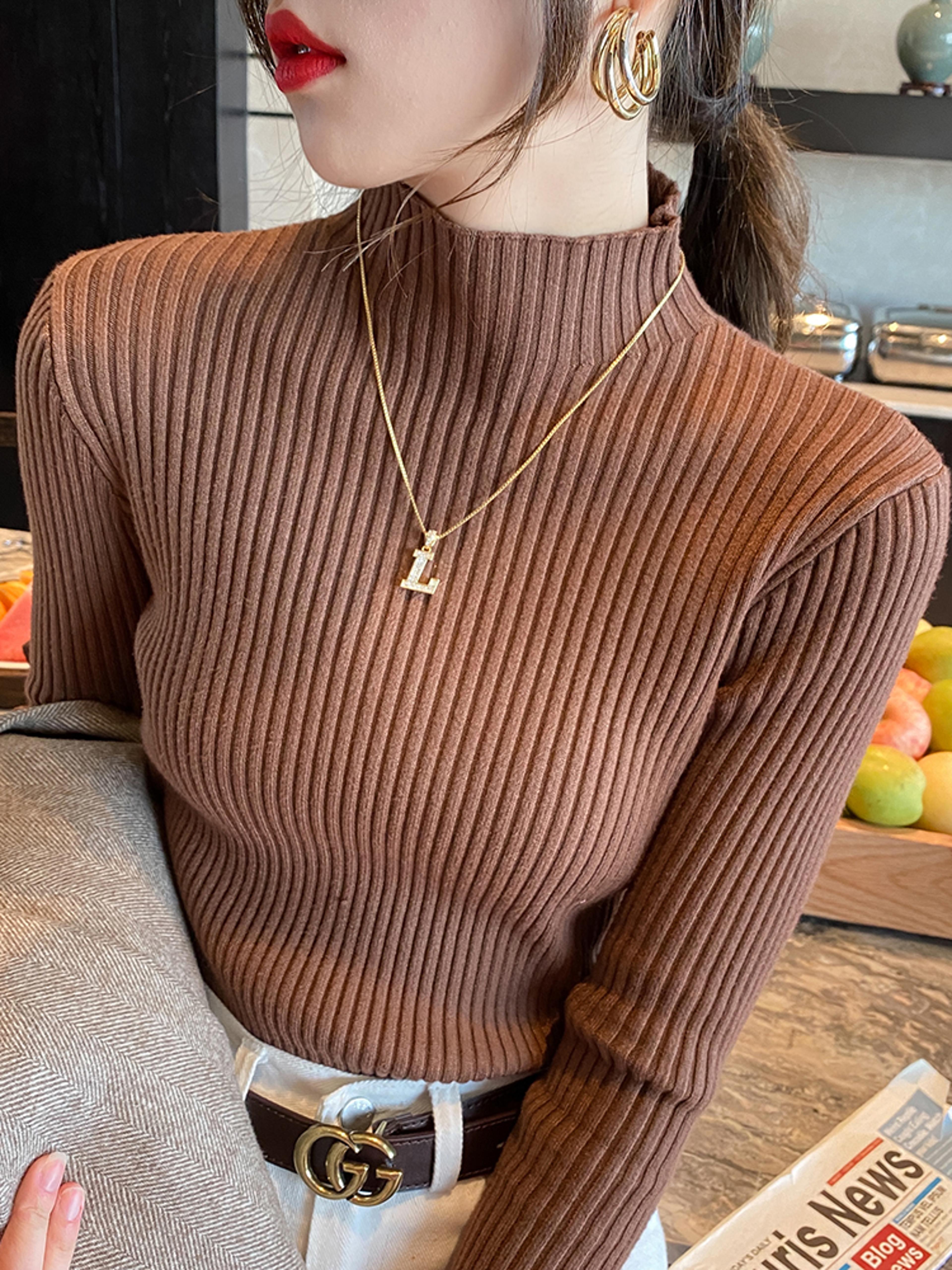 women's elegant solid basic knitted turtleneck sweater, long sleeve slim pullover, casual korean fashion chic clothes