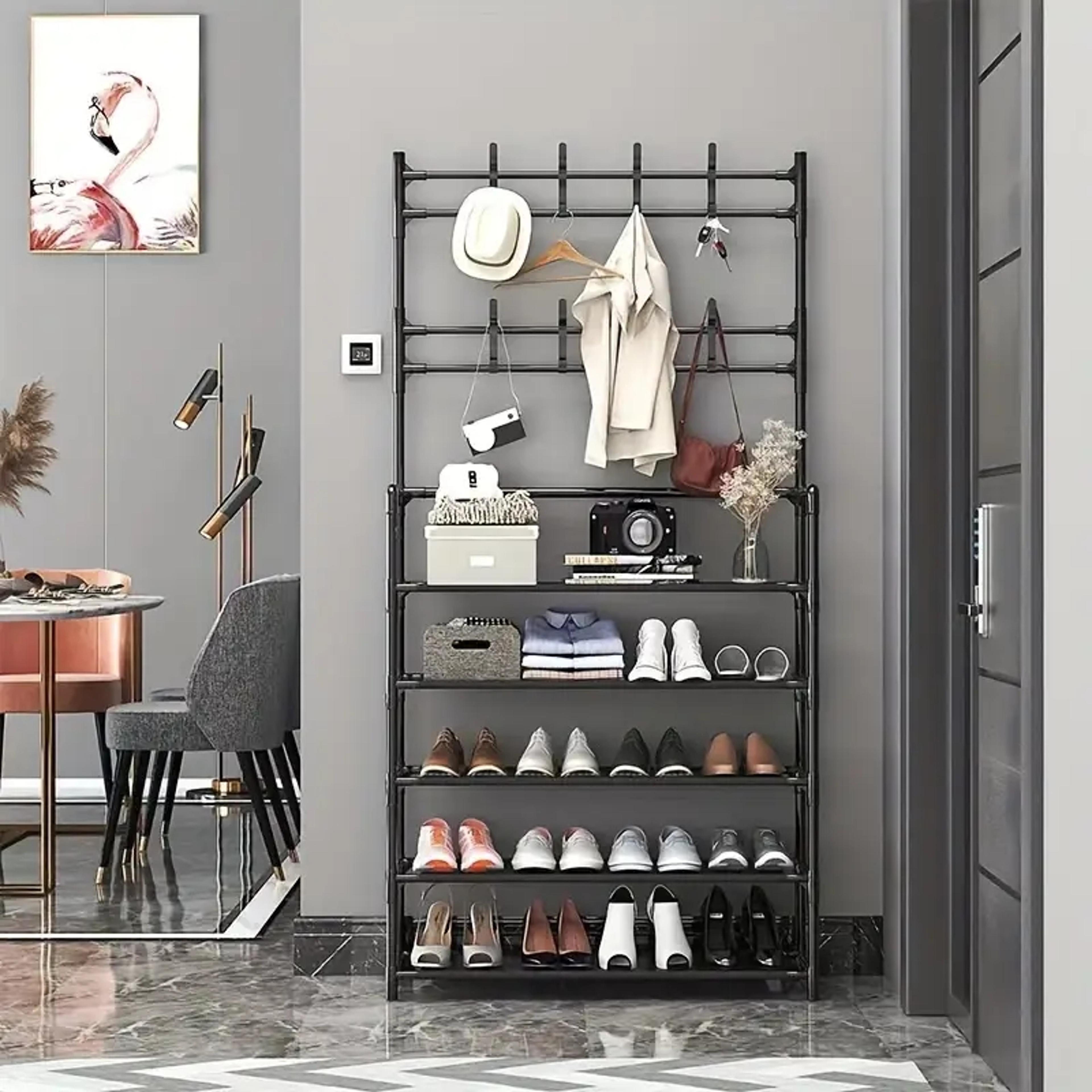 entrance organizer with clothes hanger and shoe rack, store shoes, clothes, jackets, hats, bags, umbrellas in hallway