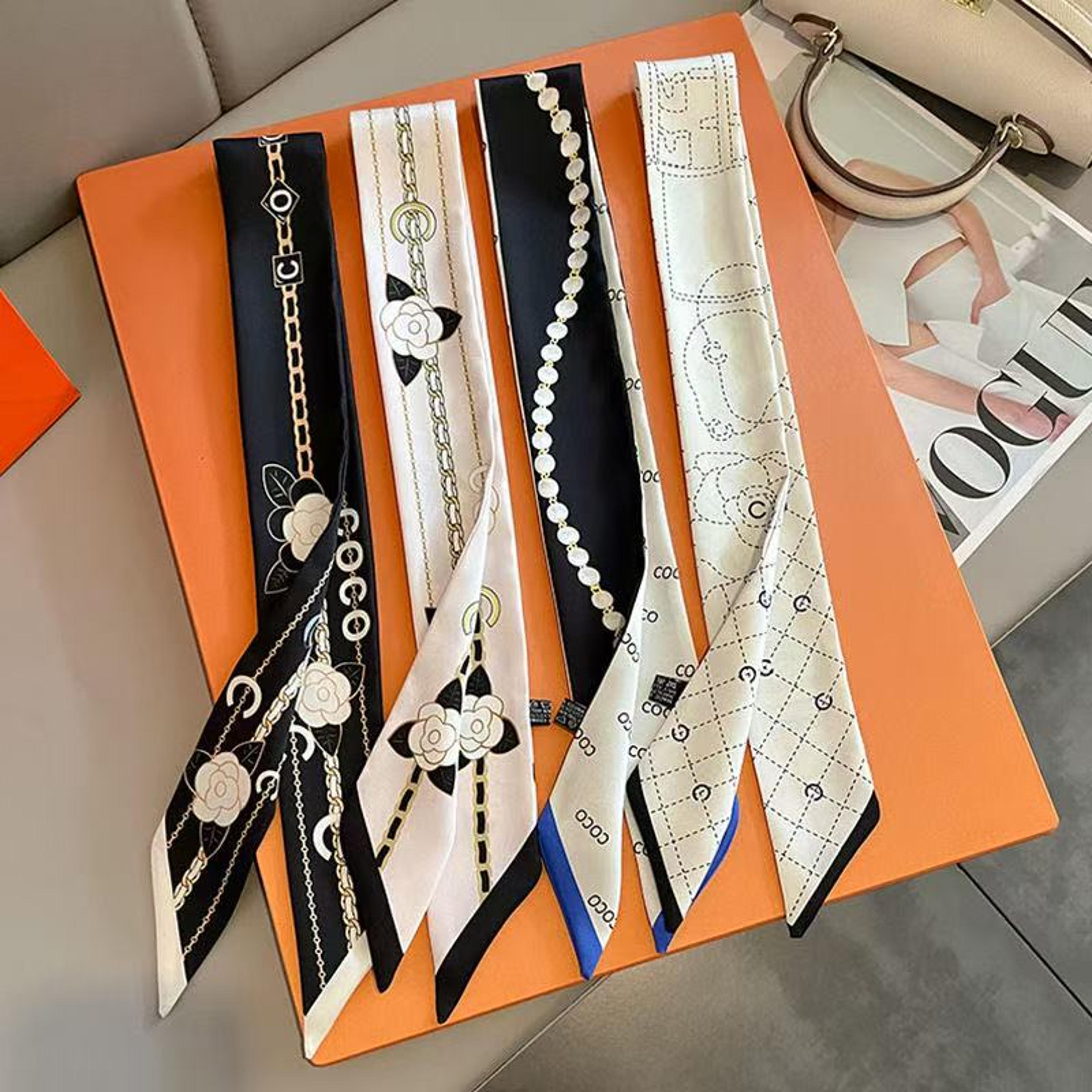 women's double-sided twill thin ribbon headband, french elegant black and white tied handle bag, long small silk scarf