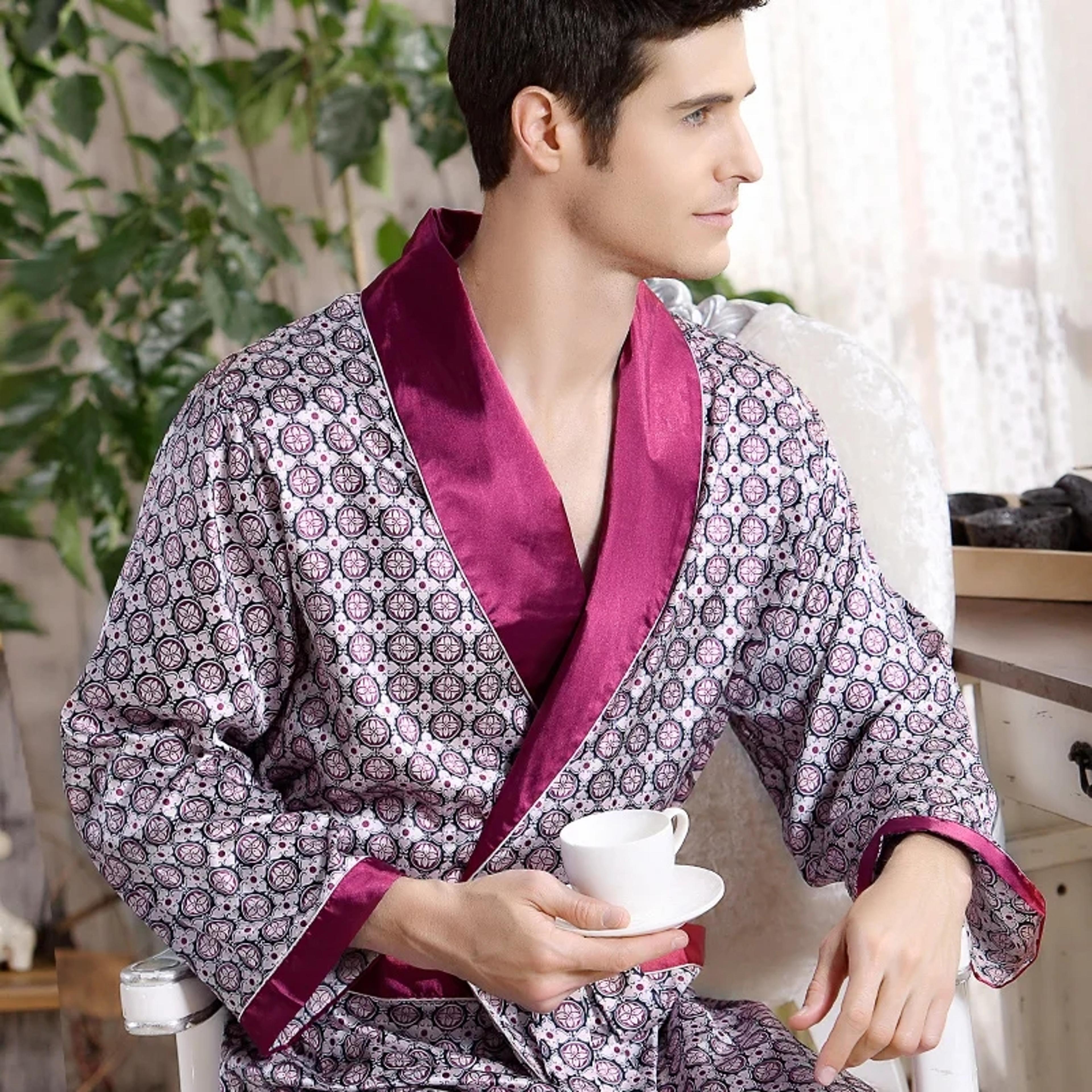 bathrobe silk long dressing gown, men bath robe satin print gold, geometric lounge nightgown, plus size sleepwear