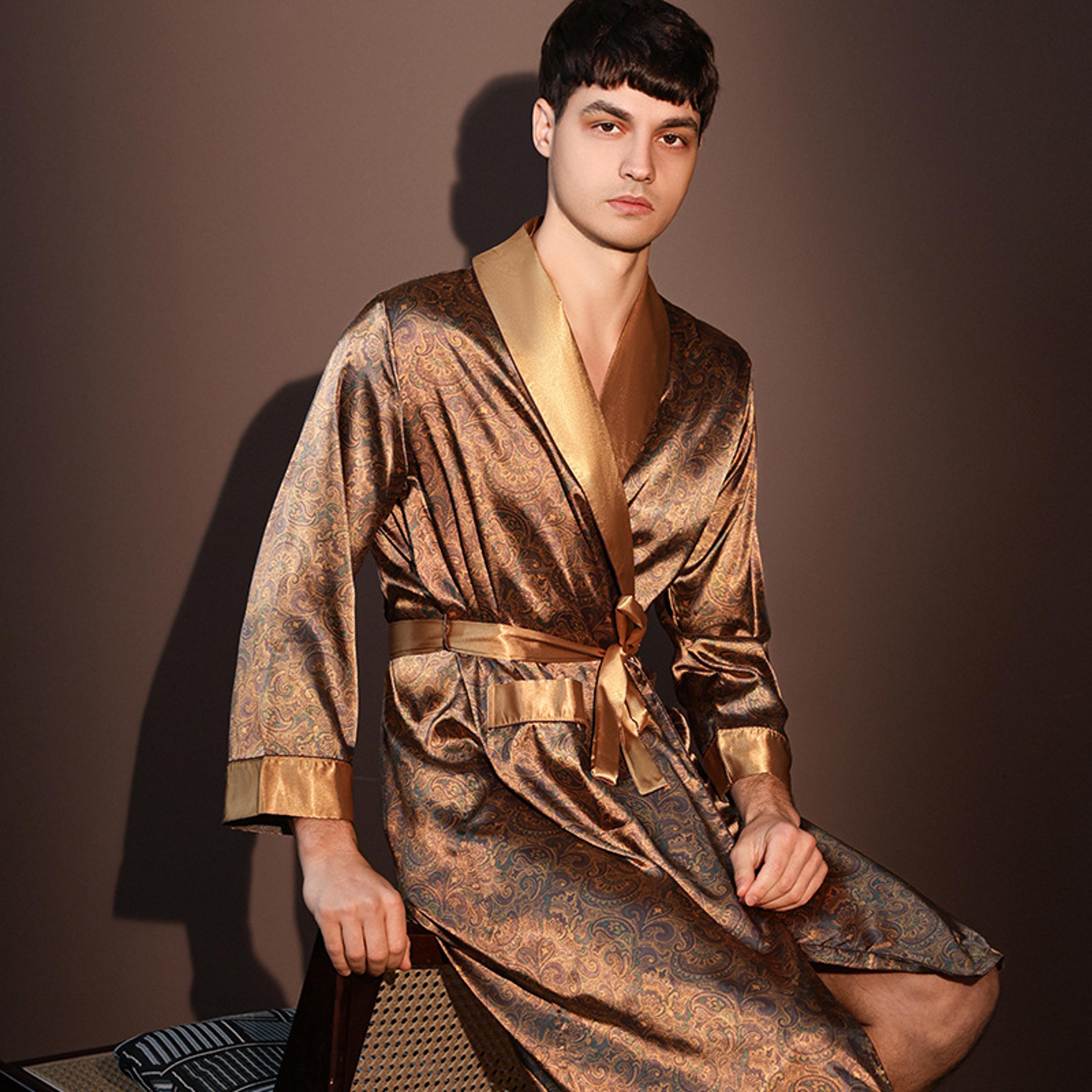 high quality nightrobes men, ice silk printed pajamas one-piece robe, summer thin bathrobe large size, loungewear