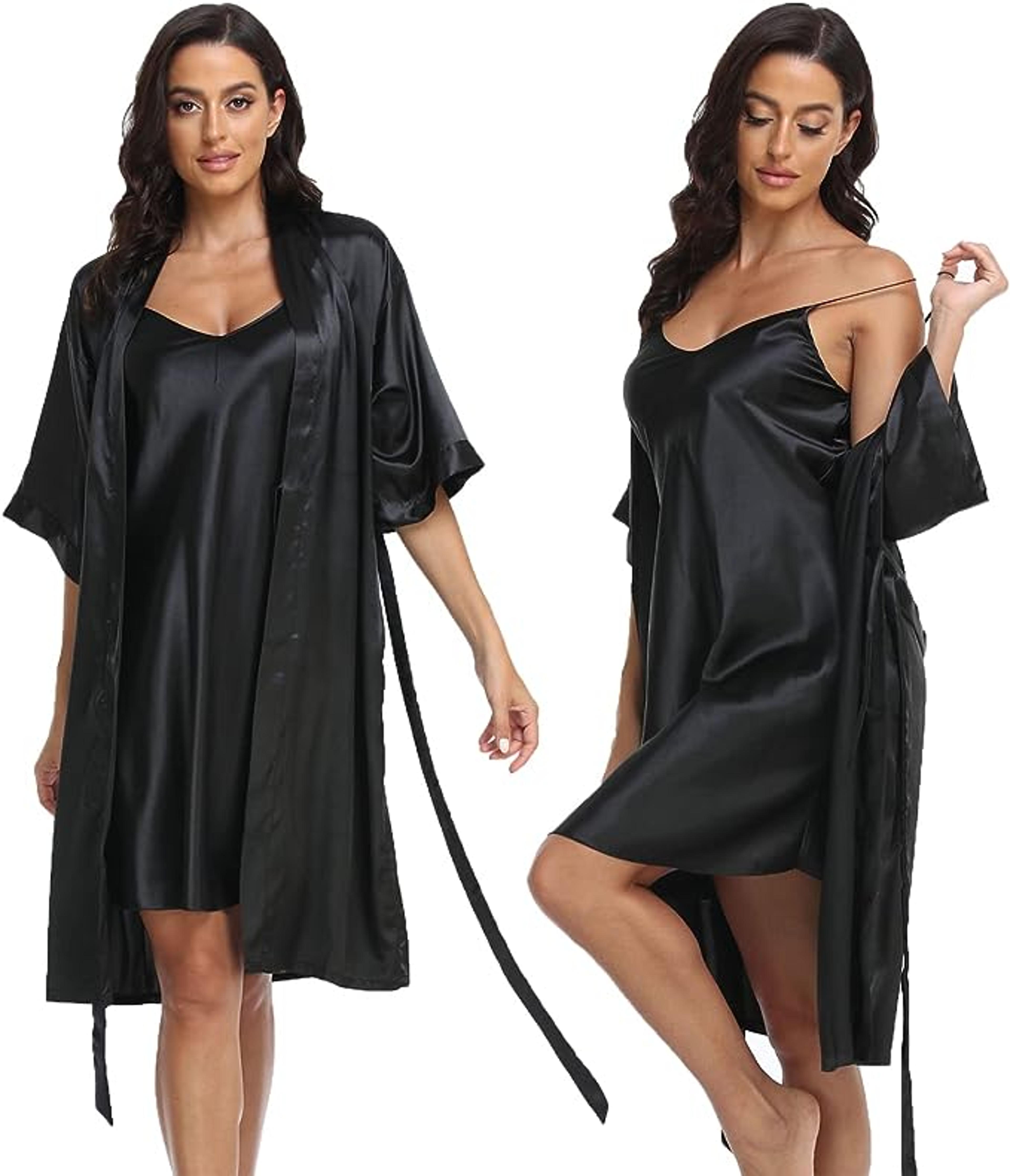 sexy silky women's silk satin pajamas, pj robe set with chemise nightgown, elegant sleepwear