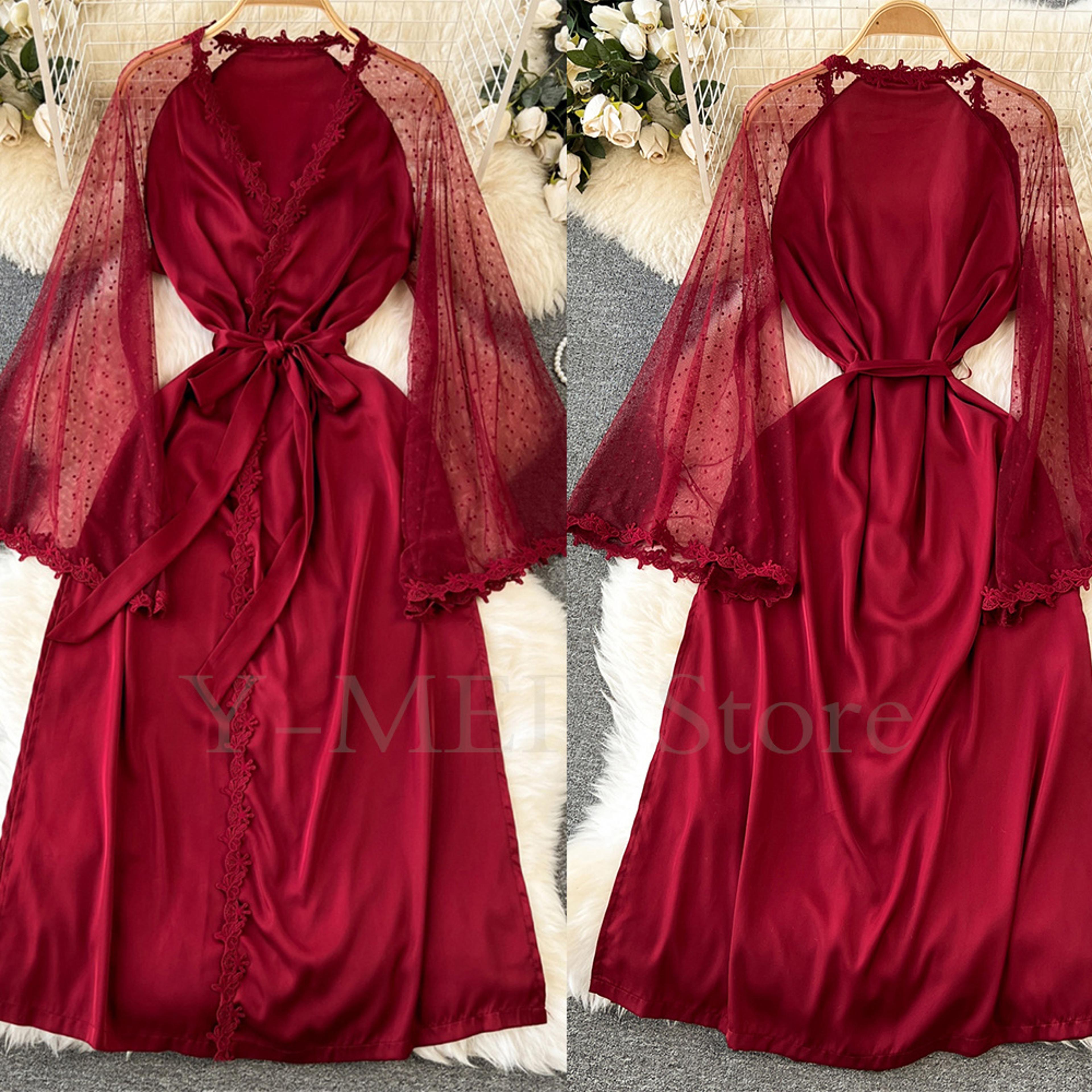 sexy embroider edge kimono bathrobe dress, wedding long robe with mesh sleeves, silk satin sleepwear lingerie gown