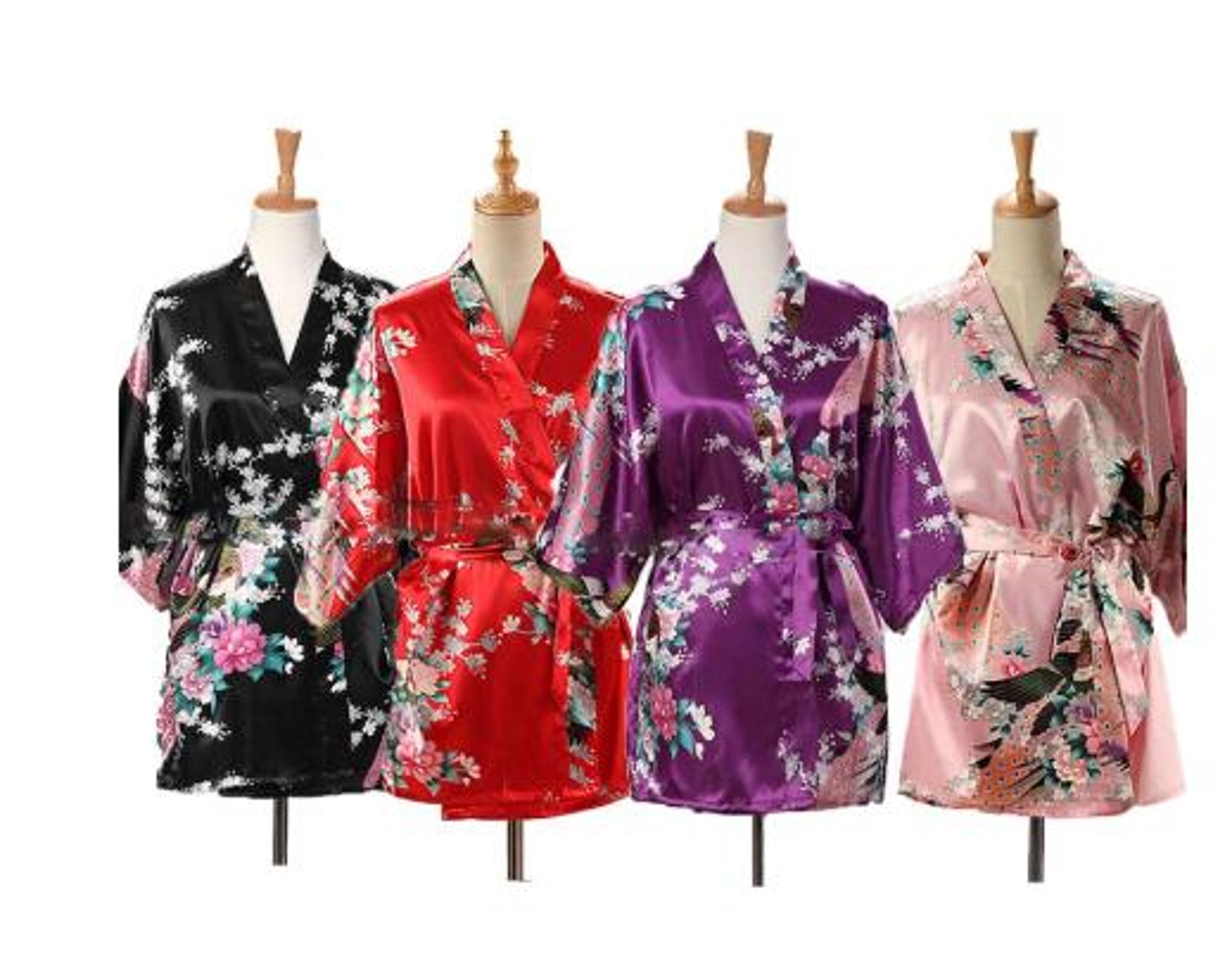 silk satin lace up kimono yukata, peacock print short sleepwear, nightgown robe costume for women