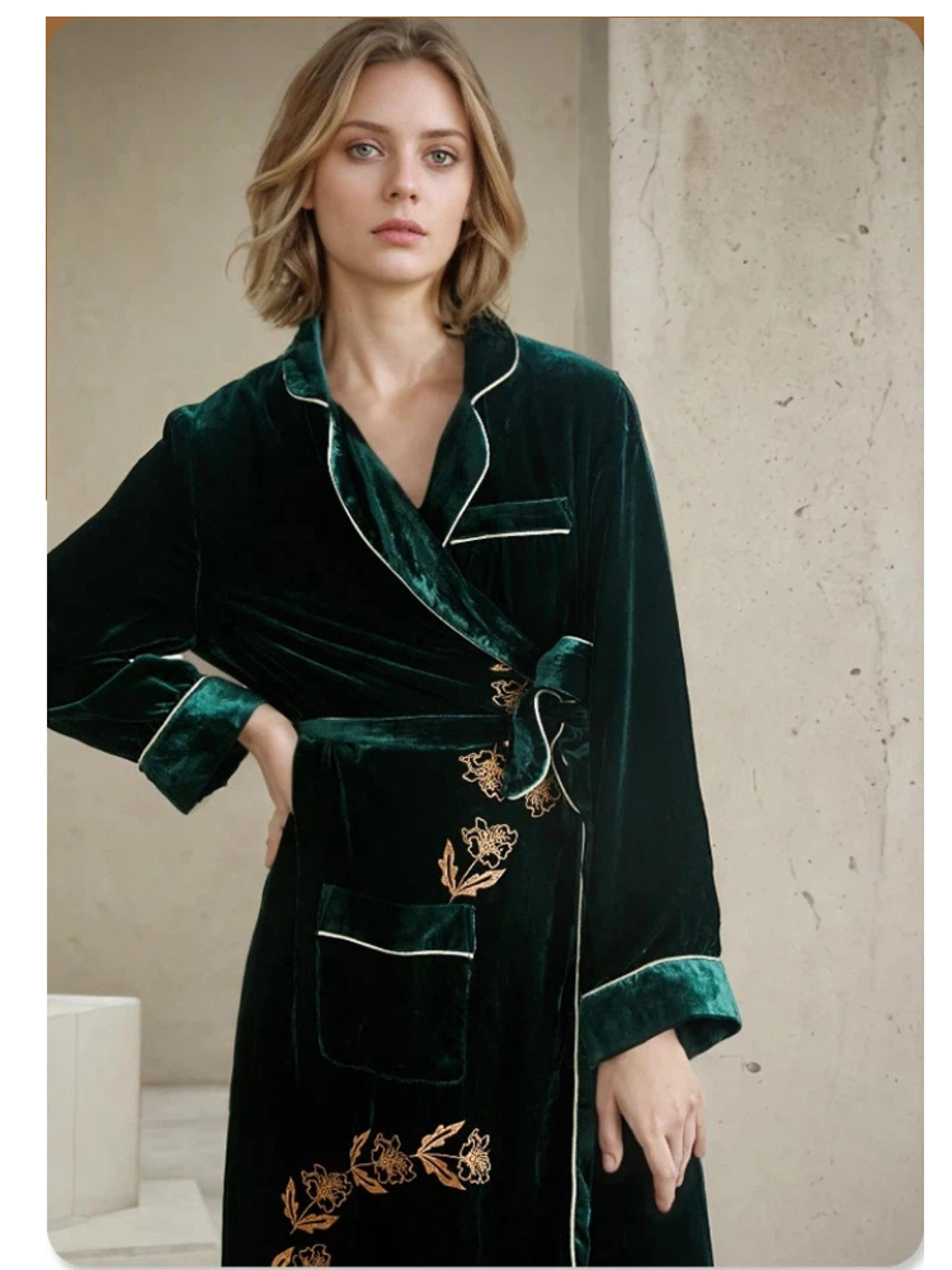 mulberry silk velvet long sleeve bathrobe, momme heavyweight silk kimono, thickened warm robe for winter