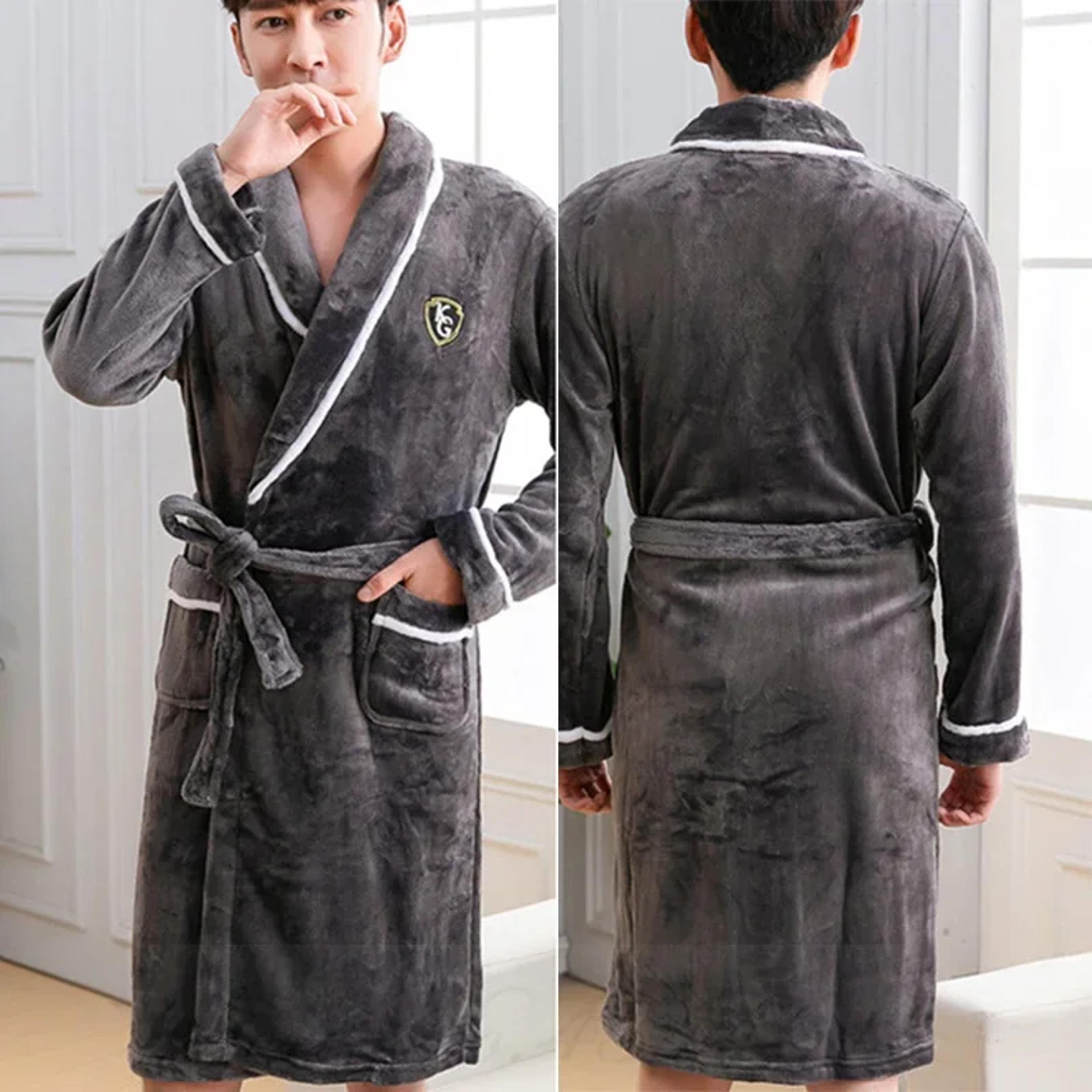 kimono bathrobe gown, plus size thick flannel men robe, coral fleece sleepwear, winter lounge wear for men