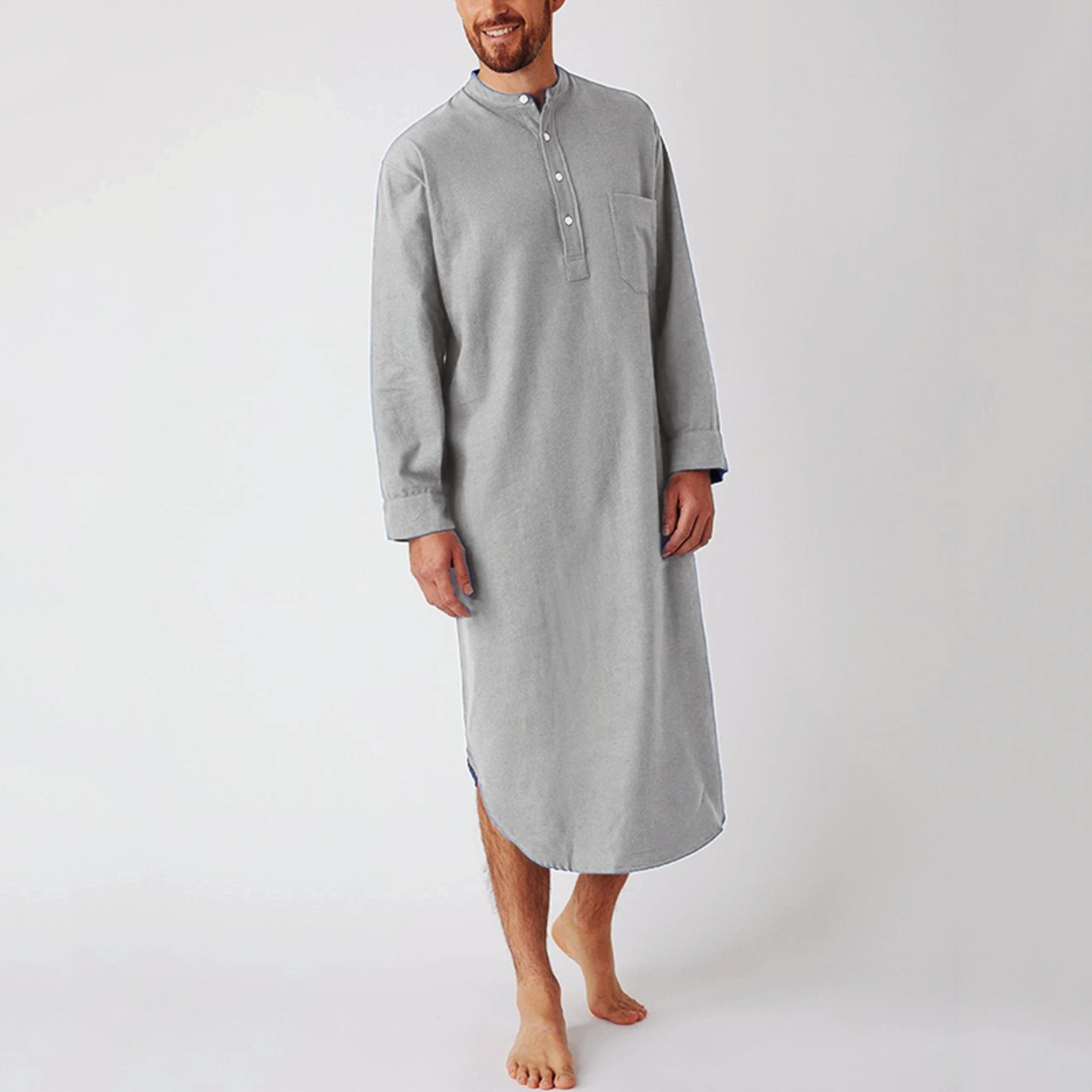 fashionable men's button-down sleep robes, solid color stand collar long sleeve nightgown, comfortable loose bathrobes