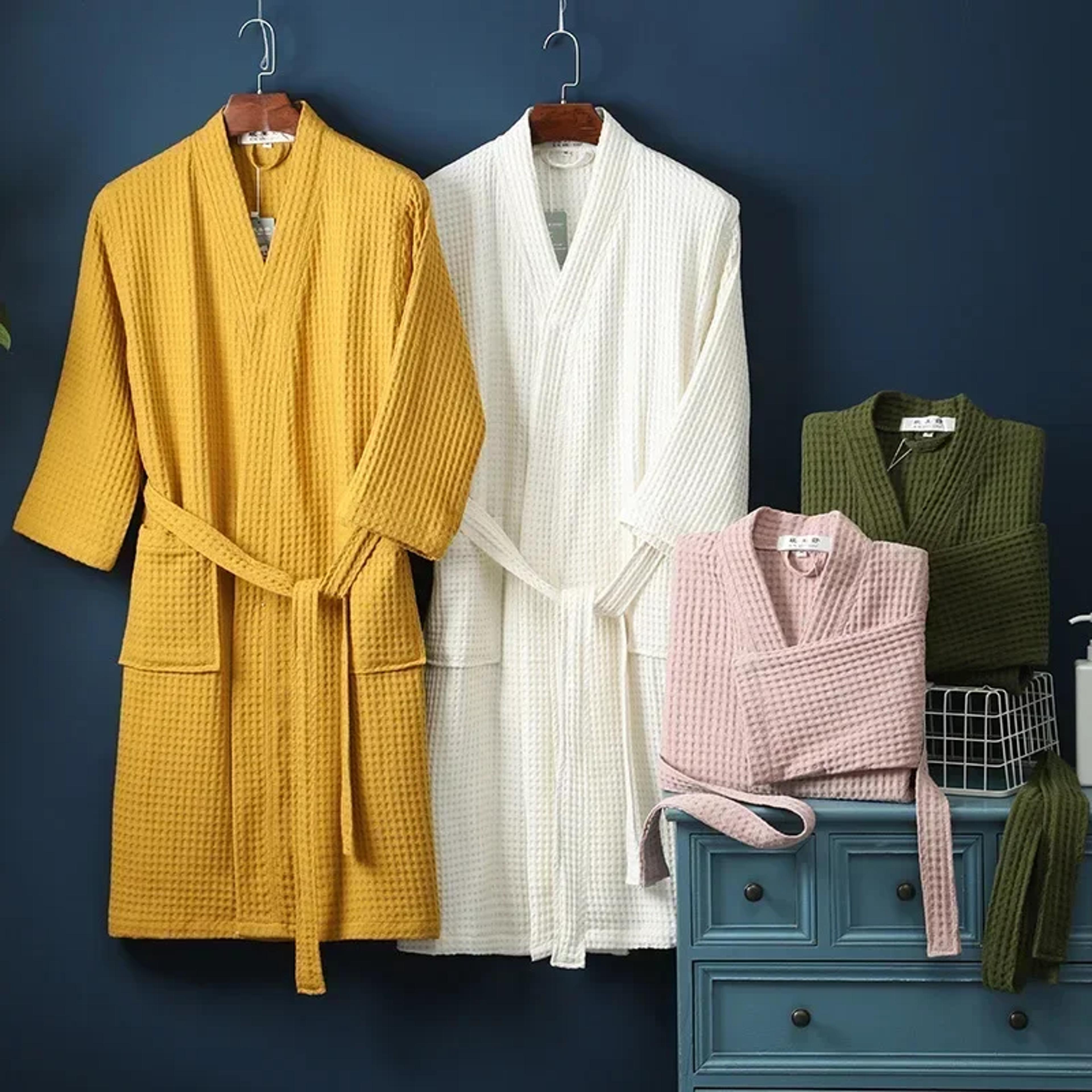 thin morning robe, cotton terry robe for spring and summer, long sleeve waffle bathrobe, hotel beauty bath towel