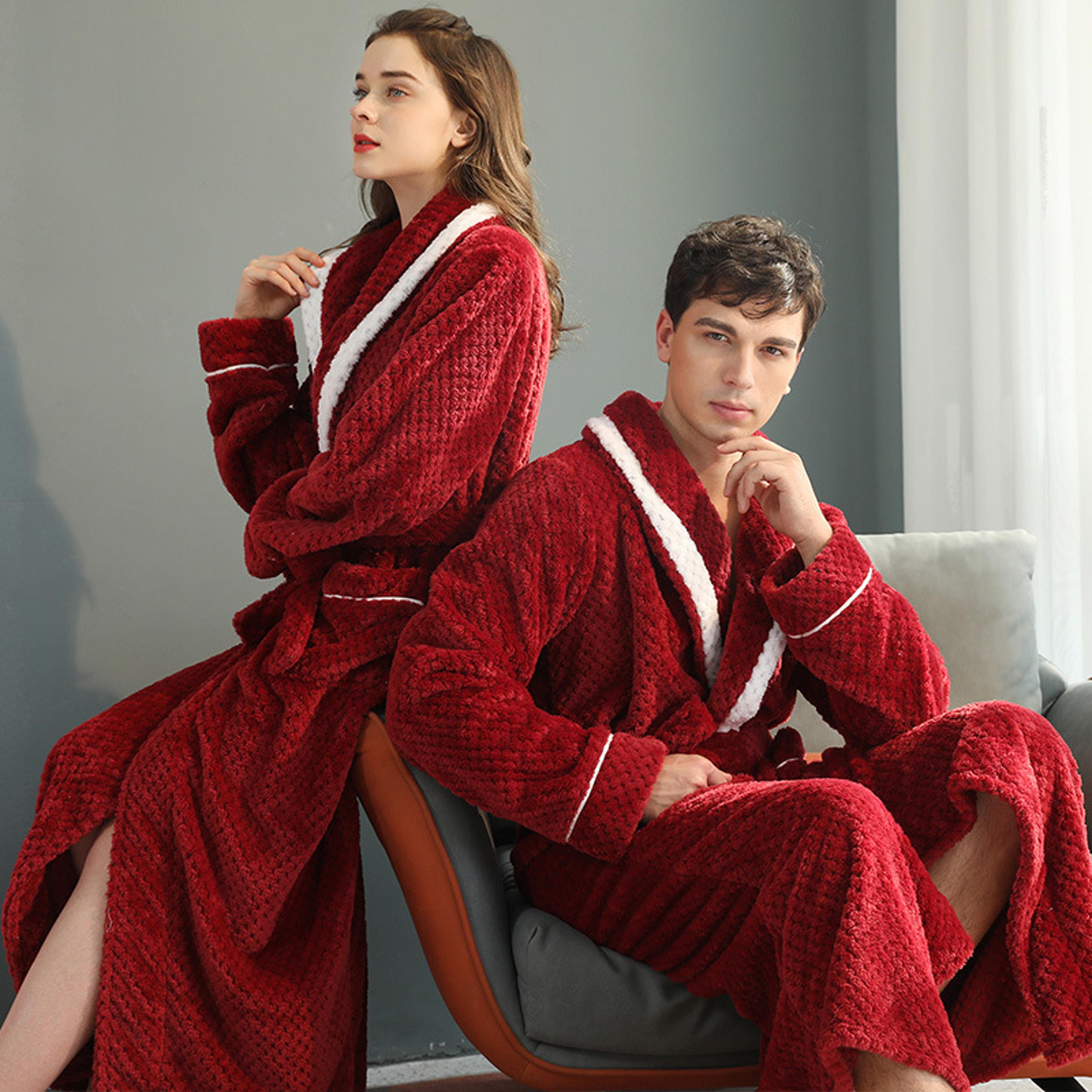 winter lovers solid flannel bathrobe set, thicken long robe for couples, gown nightwear with pocket, intimate lingerie