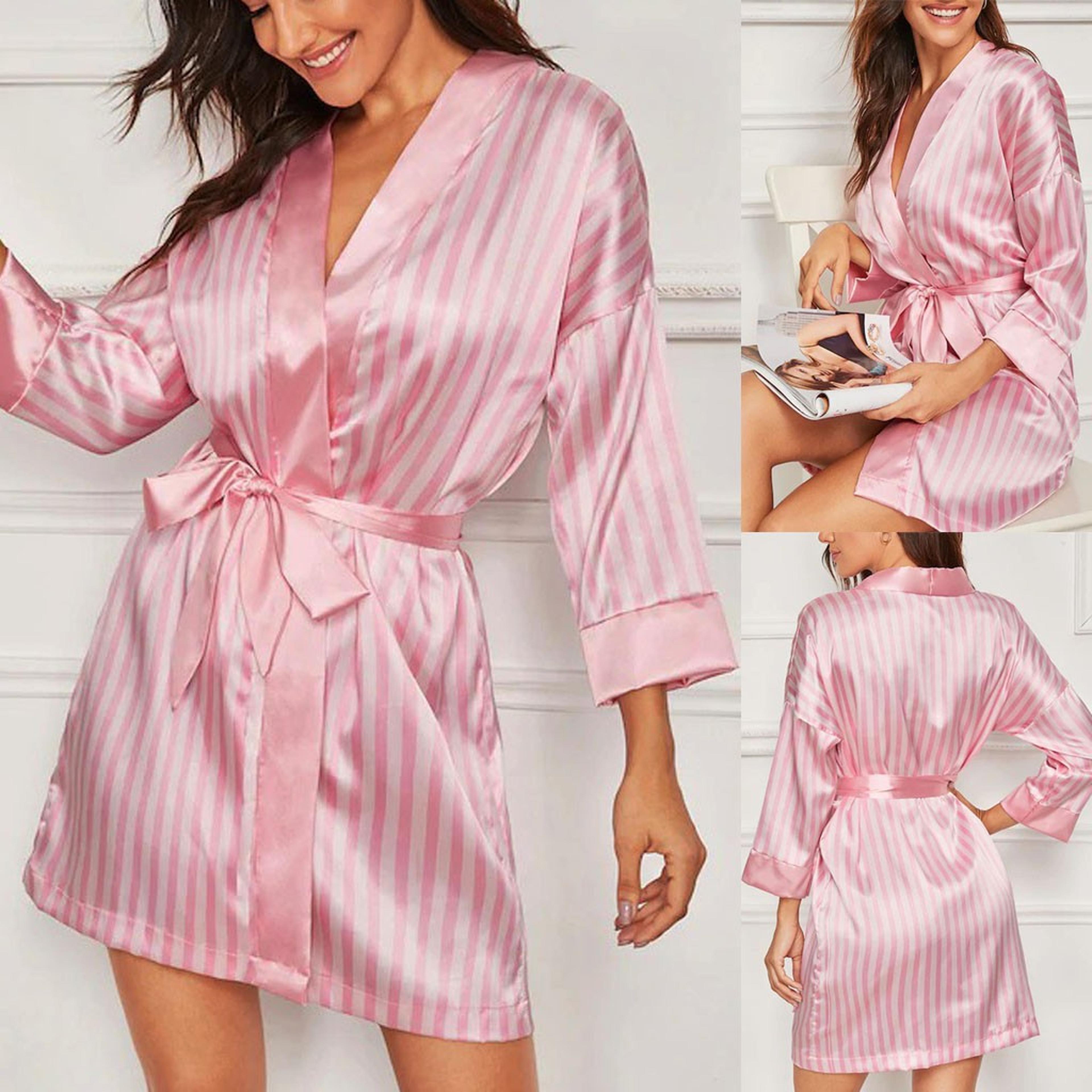 satin bathrobe gown for women, summer v-neck stripe nightgown, bridal wedding robe with belt