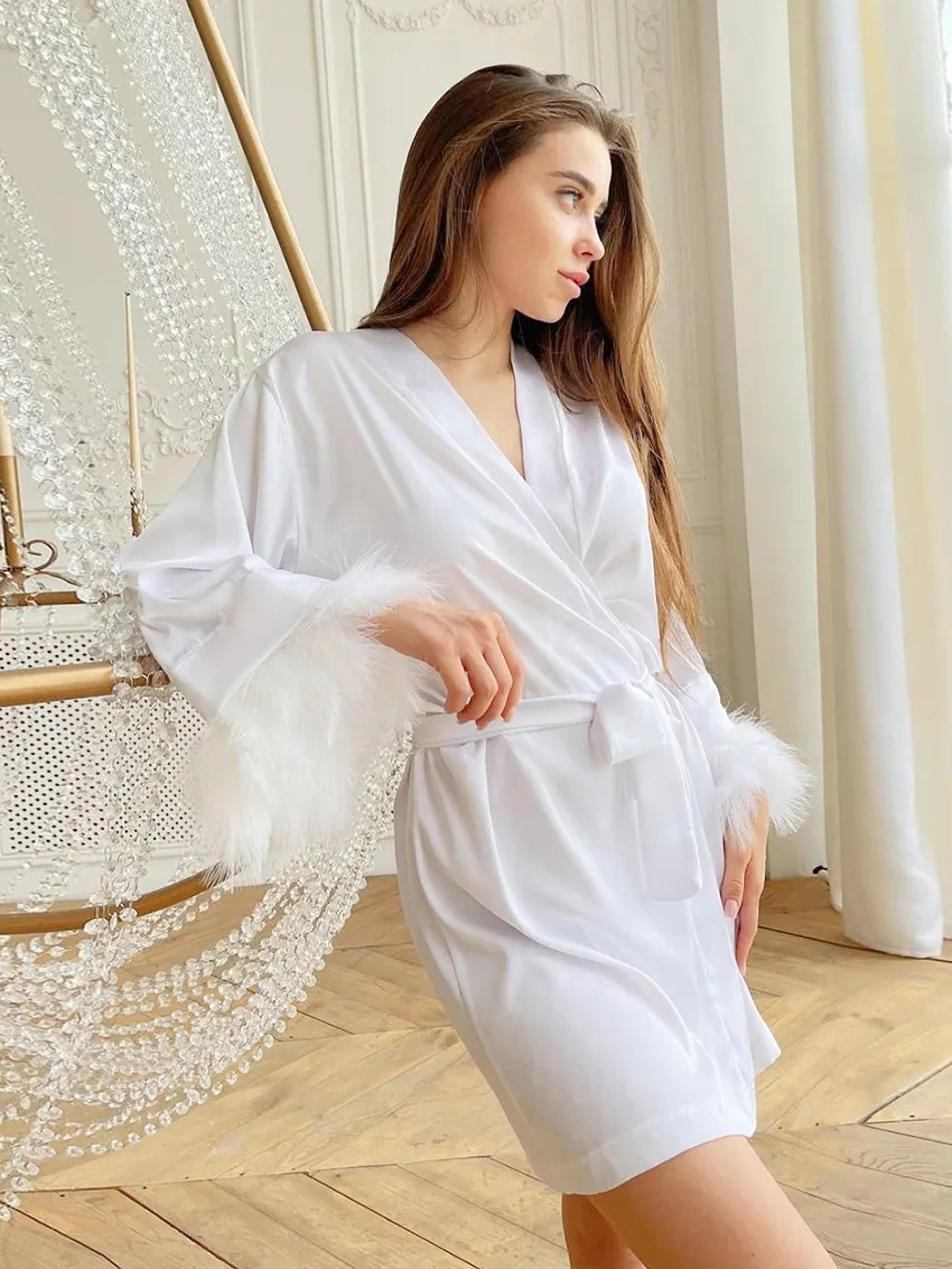 white feather robe with fur, satin sleepwear robes for women, full sleeves nightgown, bride robe gown dress